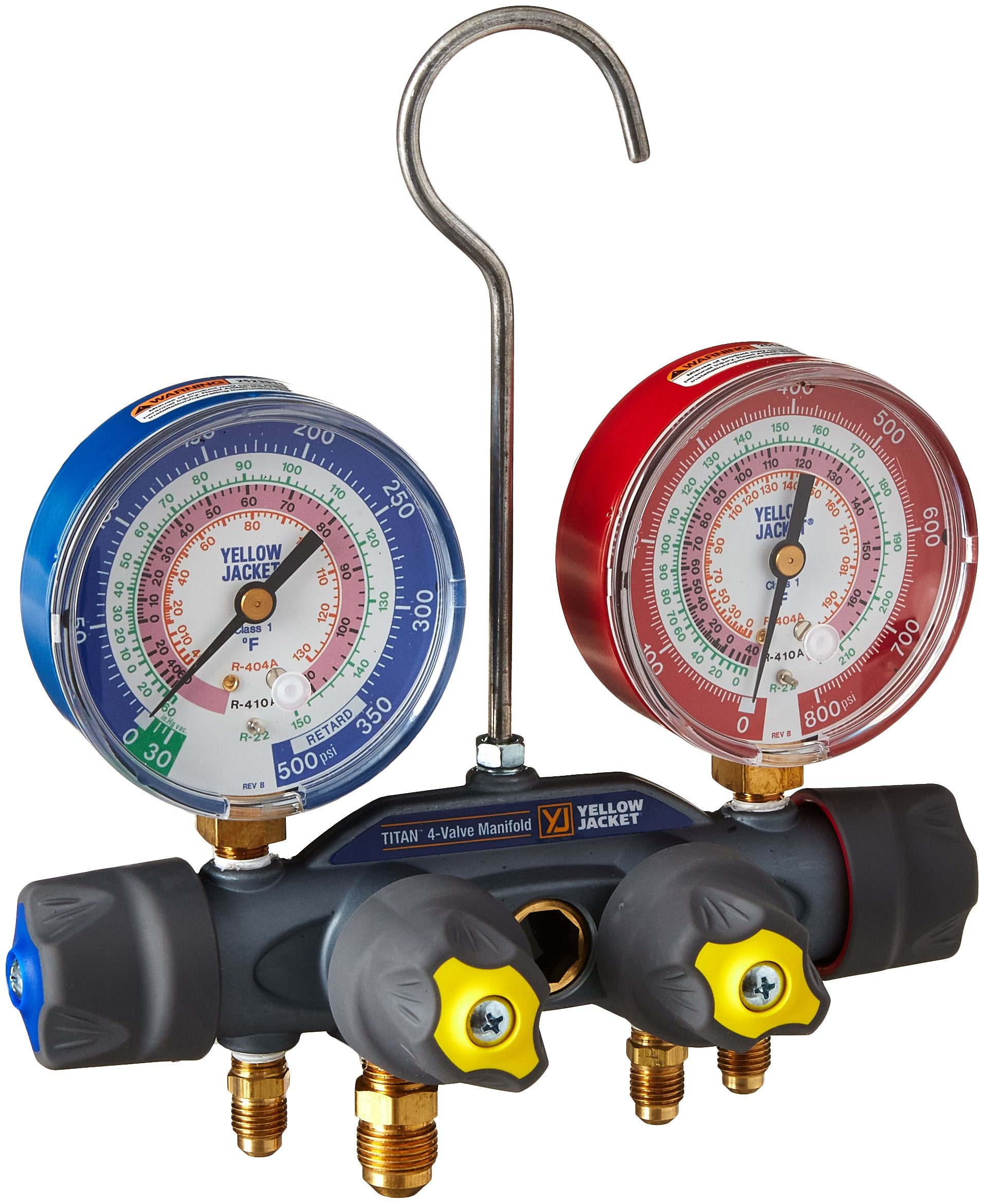 Yellow Jacket 49963 Manifold Only Degrees F, psi Scale, R22/404A/410A Refrigerant, Red/Blue Gauges
