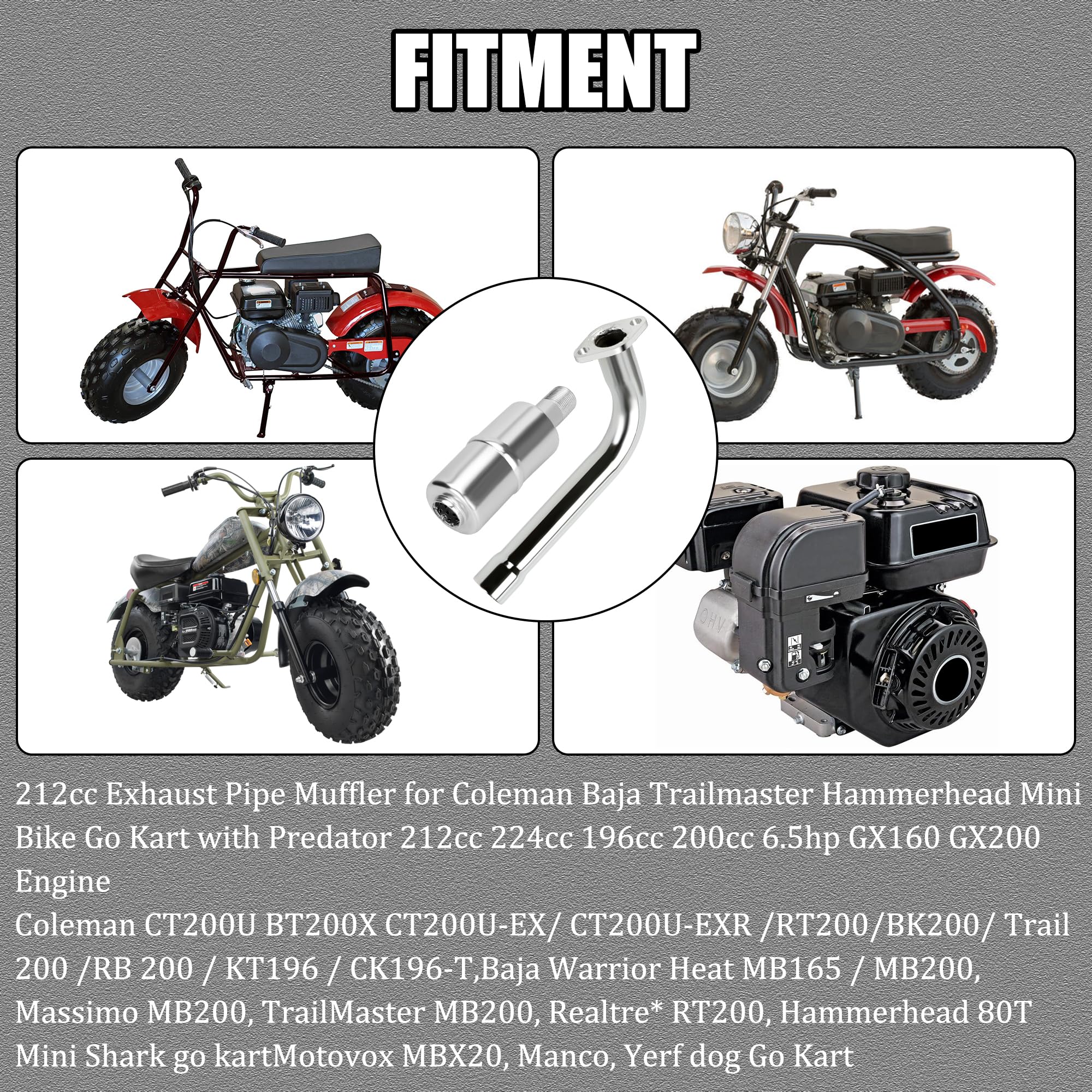 YOXUFA Mini Bike Exhaust Pipe Muffler Kit for Predator 212cc 224cc 196cc Coleman CT200U BT200X CT200U-EX 6.5hp Baja Warrior Mass