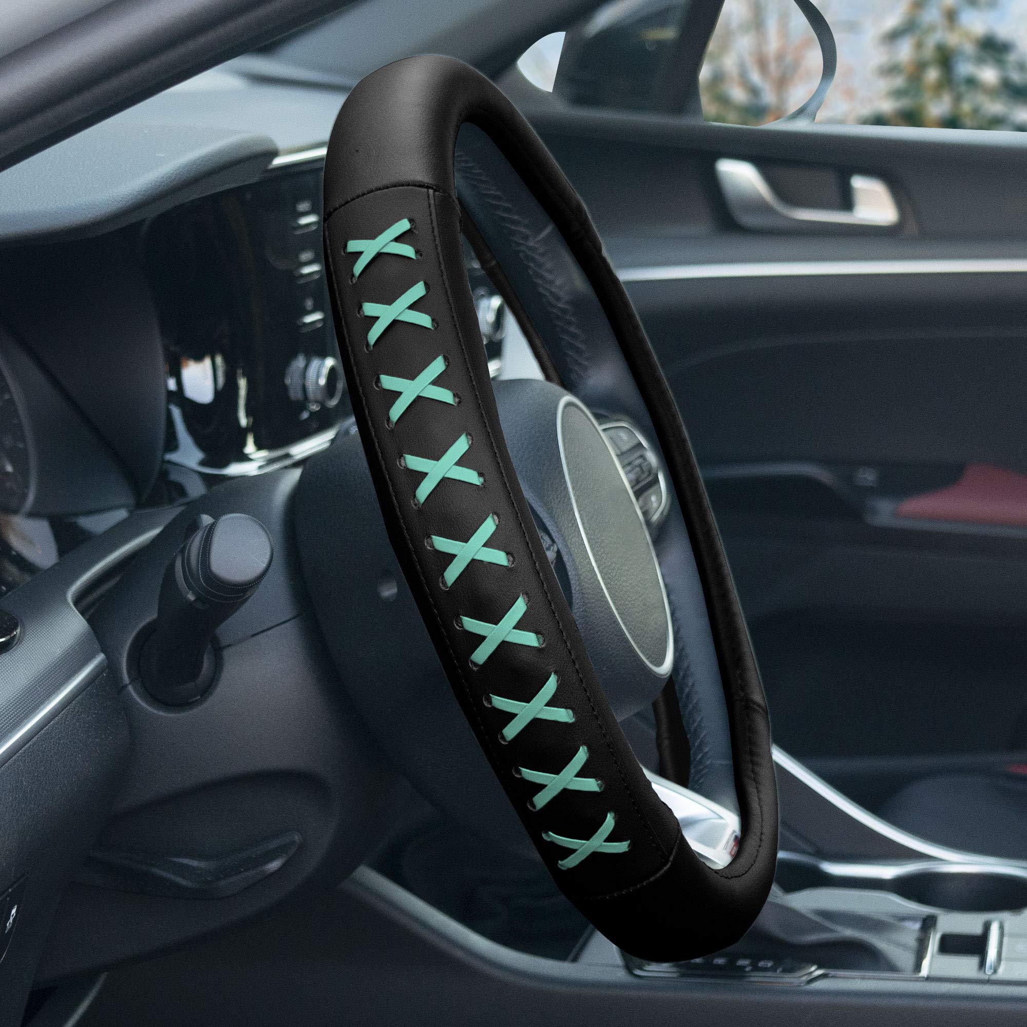 Fh Group Universal Fit 15 Inch Genuine Leather With Lace-Up Detailing Steering Wheel Cover Fits Most Cars, Suvs Mint