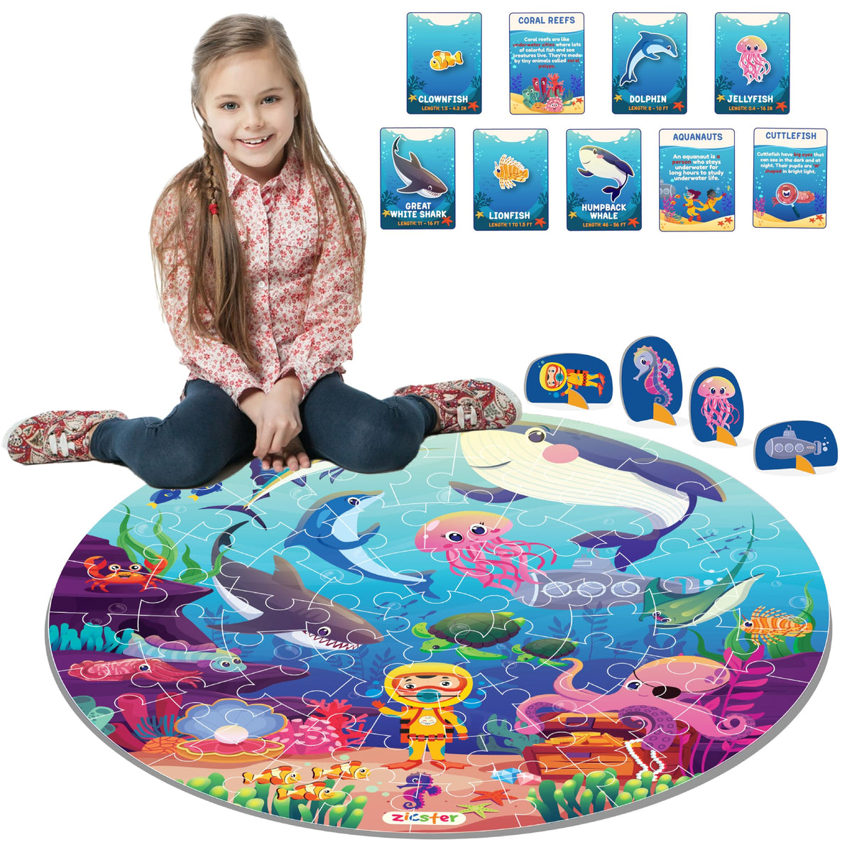 Jumbo 70 Piece Round Floor Puzzles For Kids Ages 3-5, 6-8, Large Jigsaw Puzzle About Underwater Animals Oceans Sea Creatures, 20