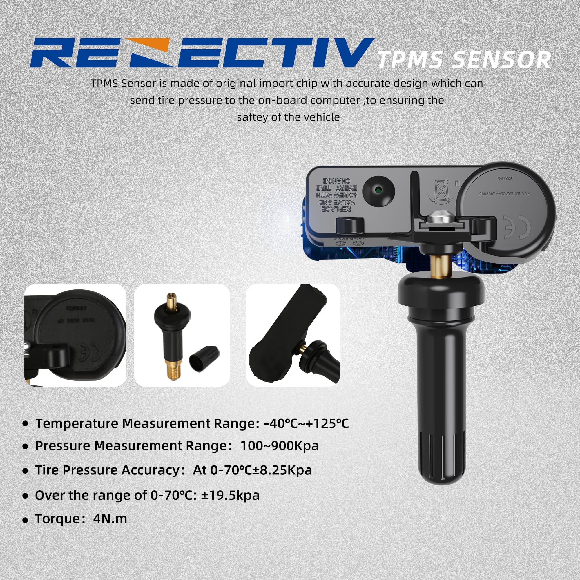RENECTIV TPMS Sensor 433Mhz Tire Pressure Monitoring System for Chrysler Jeep Dodge Ram - 4-Pack, Model R6012-4, Battery Included