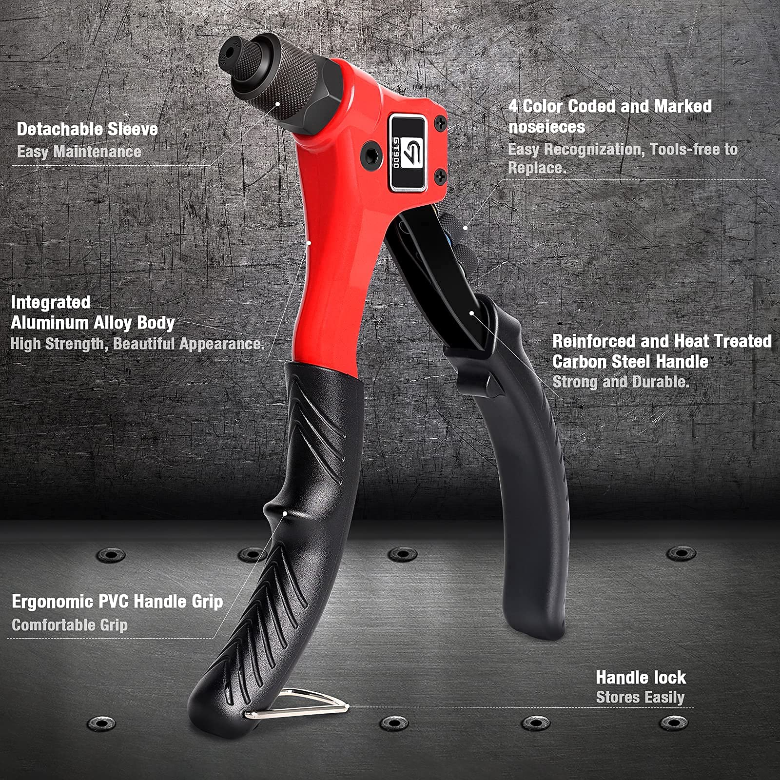 Rivet Gun, Giantisan Pop Rivet Tool Kit With 200 Rivets And 4 Drill Bits, Manual Hand Riveter Kit With Rugged Carrying Case