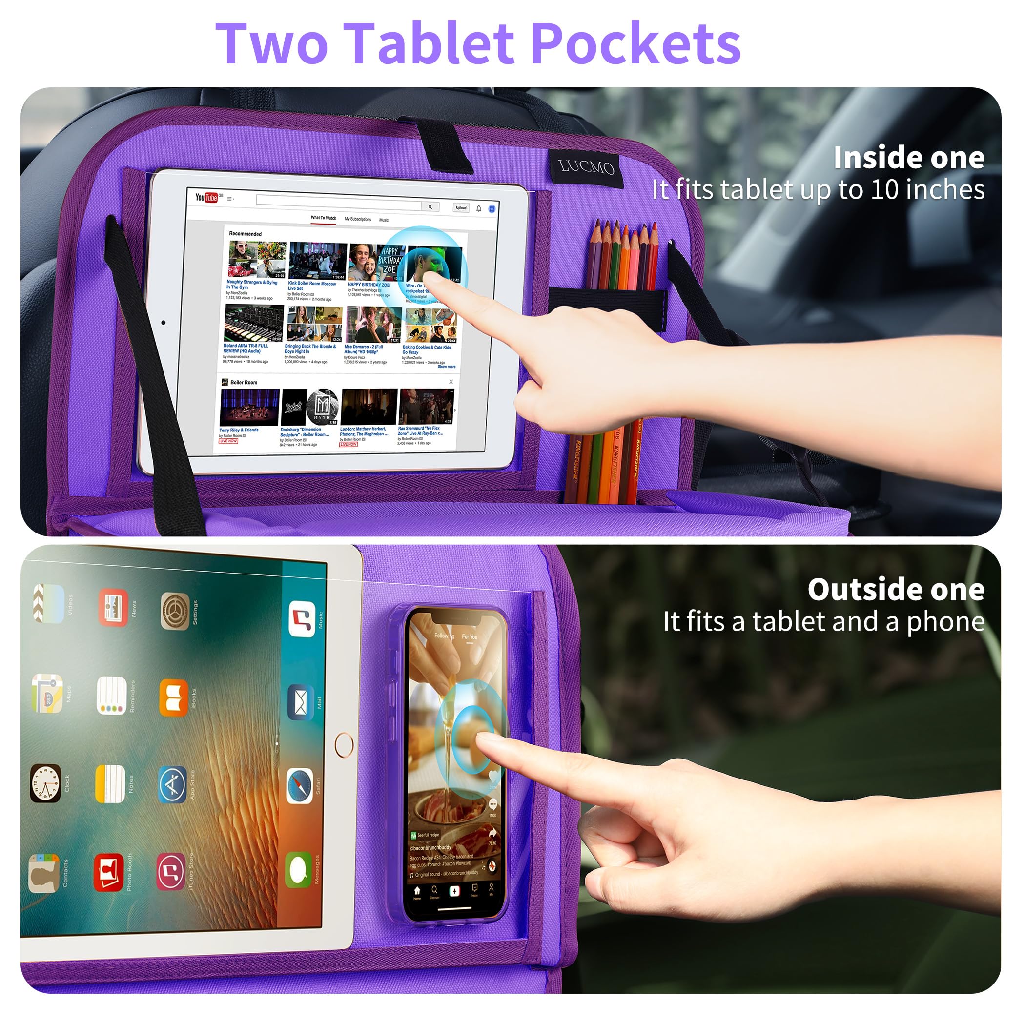 Lucmo Car Backseat Organizer With Tablet Holder,6 Storage Pockets Car Storage Organizer With Foldable Food Tray,Seat Protectors