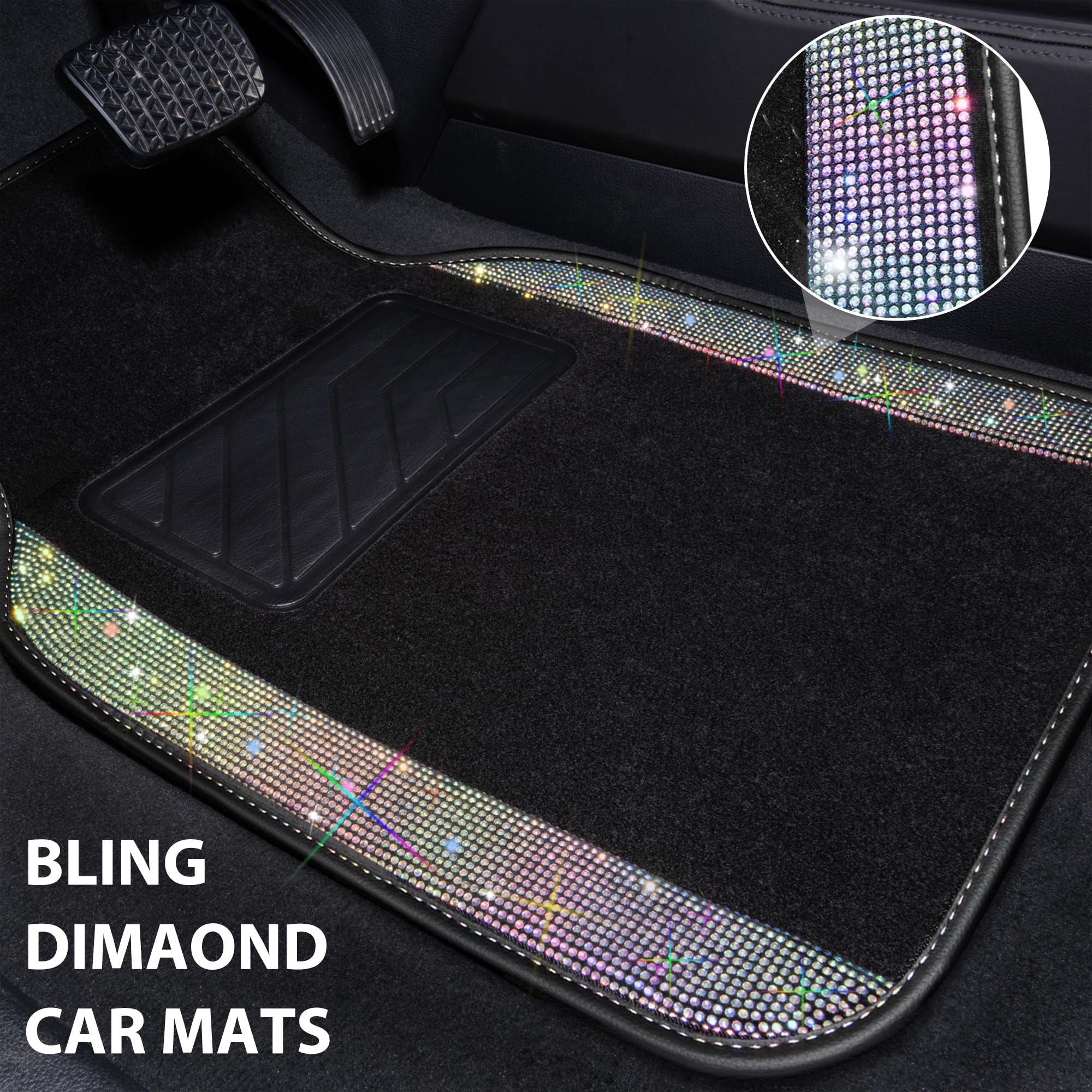 Car Pass Iridescent Bling Rhinestones Diamond Car Floor Mats Waterproof, Anti-Slip Pvc Heel Pad, Universal For Automotive Suv,Sedan,Van,4Pcs Girl Women Lady(Multicolor Colorful Crystal Sparkly Shining
