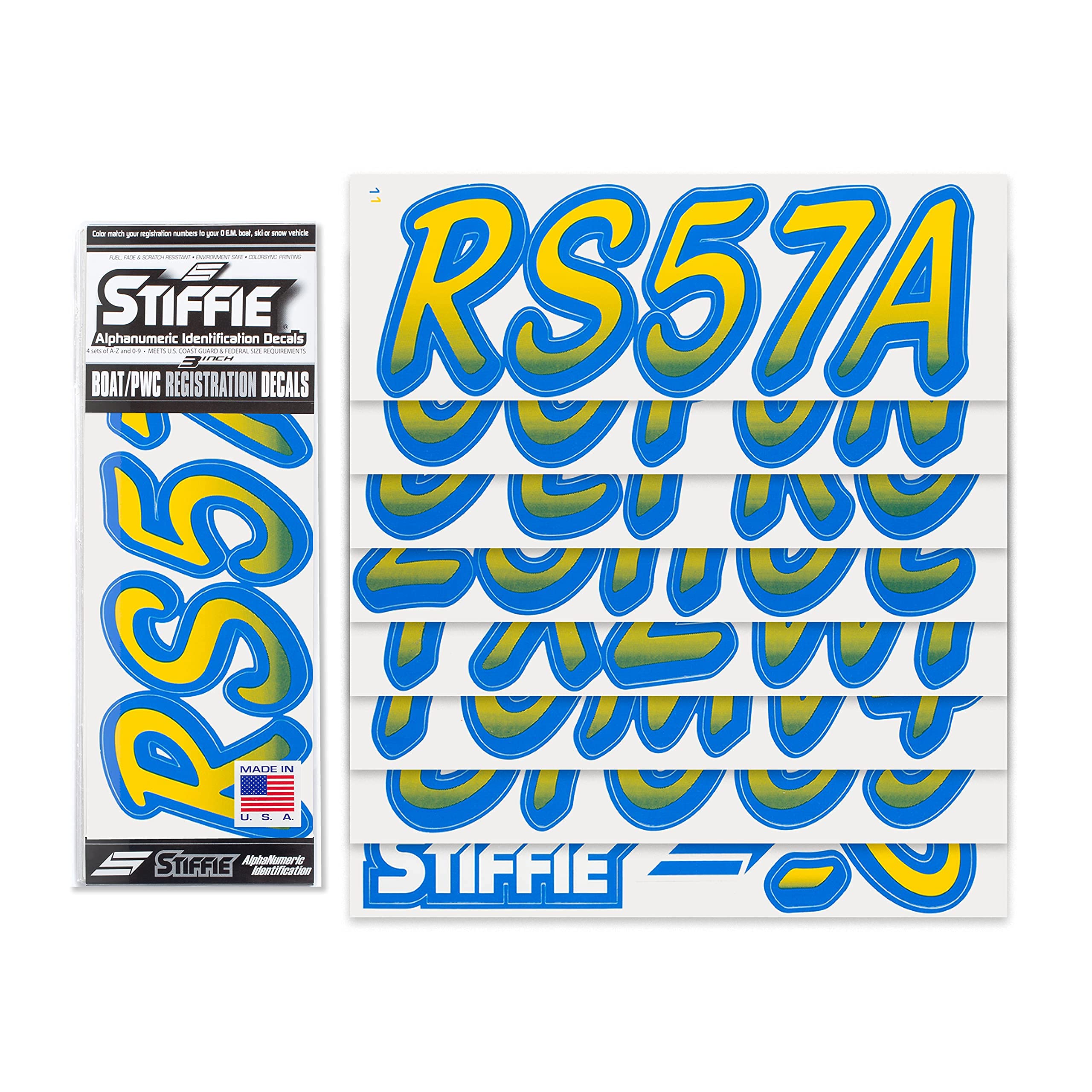 STIFFIE Whipline Yellow/Blue 3'' Boat & PWC Registration Decals  Numbers Letters Stickers
