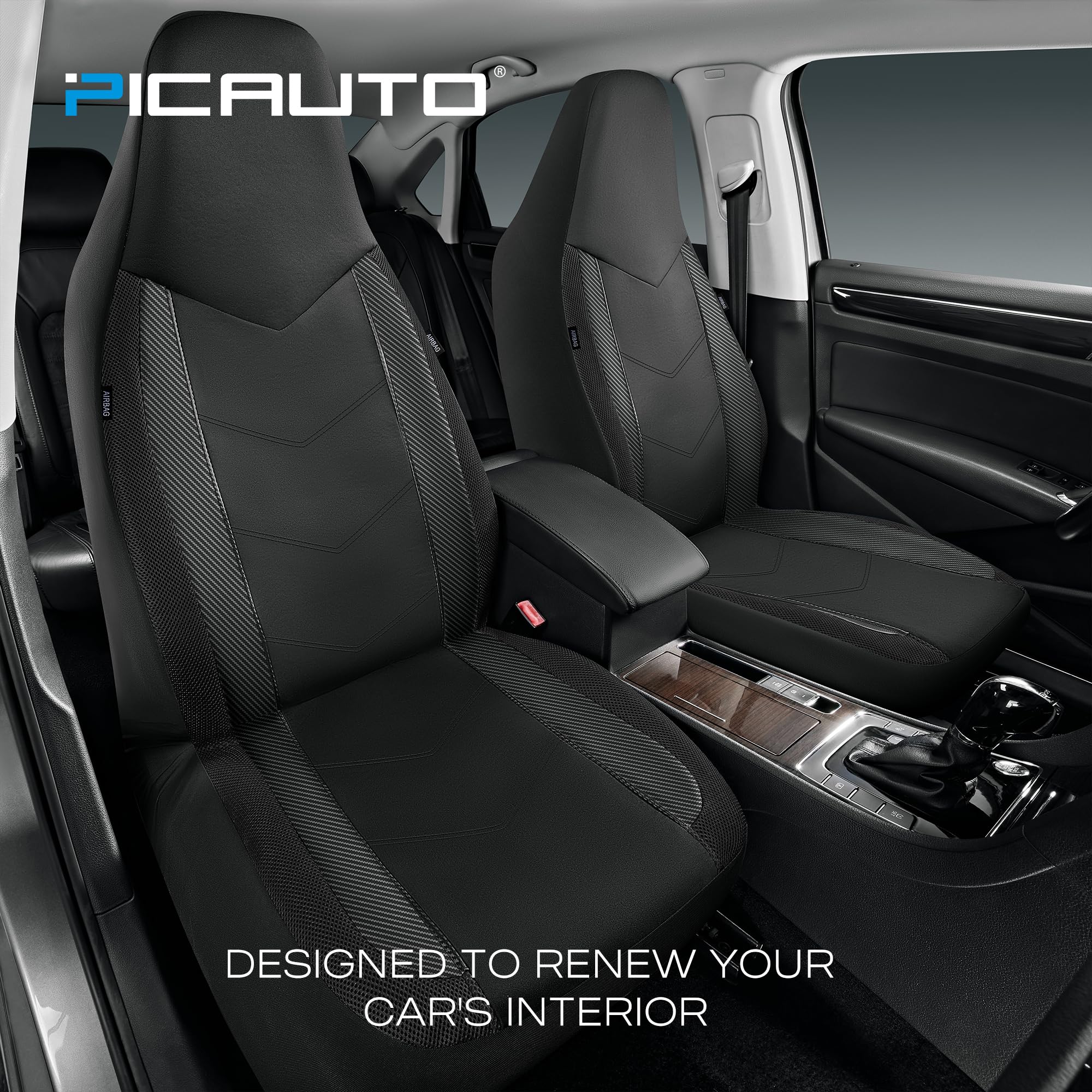 Pic Auto Car Seat Covers, High Back Full Set Automotive Seat Covers,Front And Rear Bench - Sports Carbon Fiber Mesh Design, Universal Fit Most Cars, Suvs, Trucks And Vans, Airbag Compatible (Black)