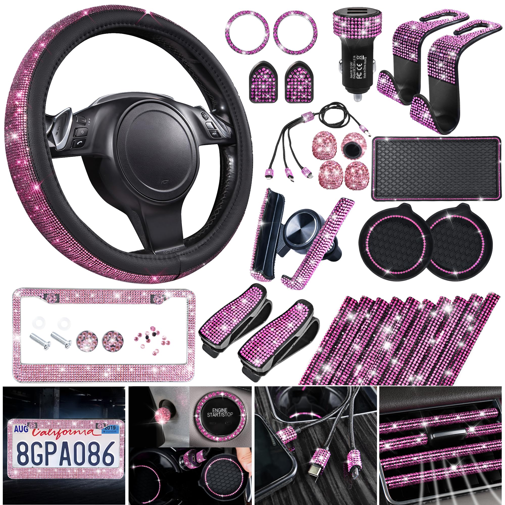 CAR PASS 30 PCS Bling Pink Car Set for Women, Bling Steering Wheel Covers Set 15 Inch, Shining Rhinestone License Plate Frame, S