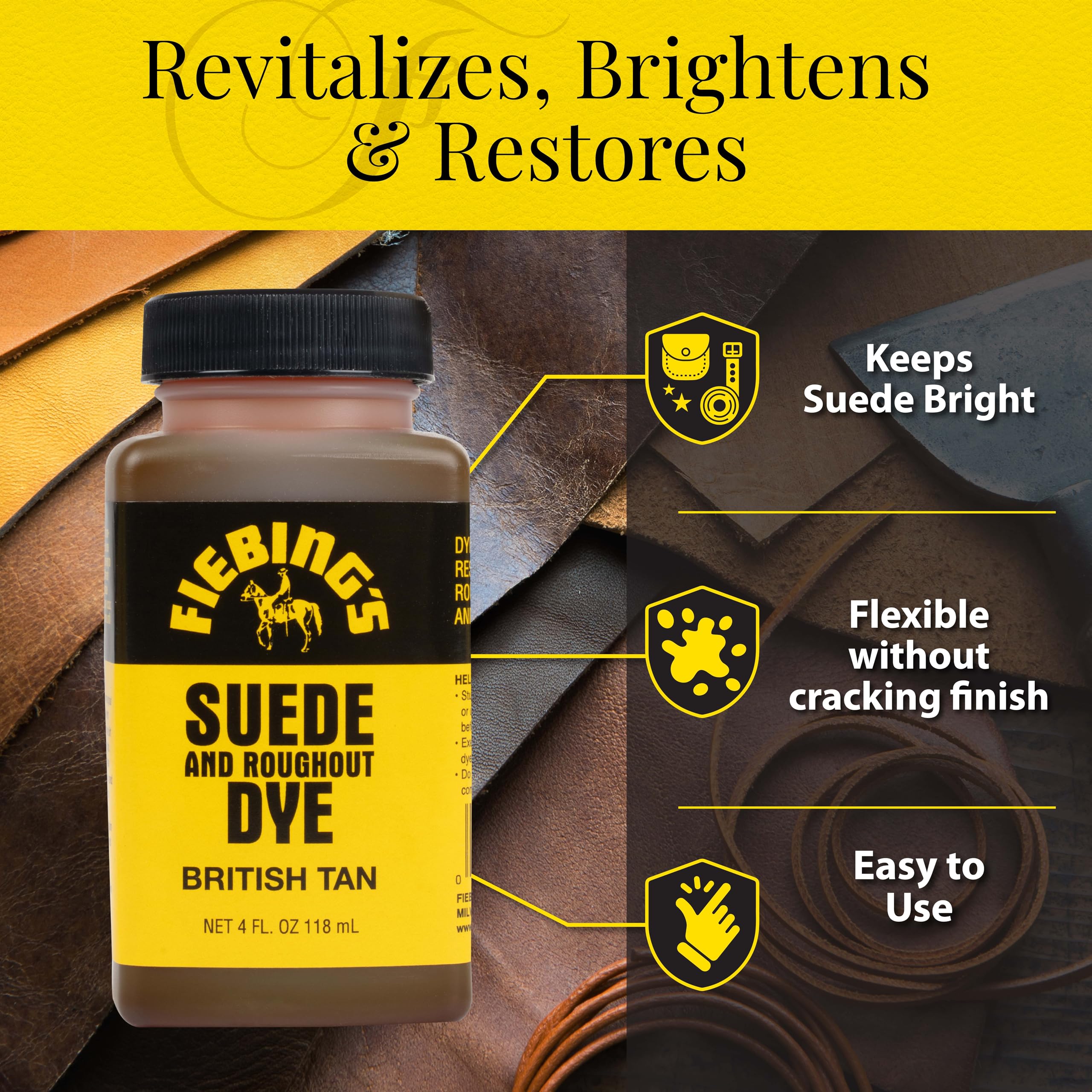 Fiebing's British Tan Suede Dye (4 oz) - Recolor, Brighten & Restore Suede & Roughout Leather Shoes, Furniture, Purse - Includes