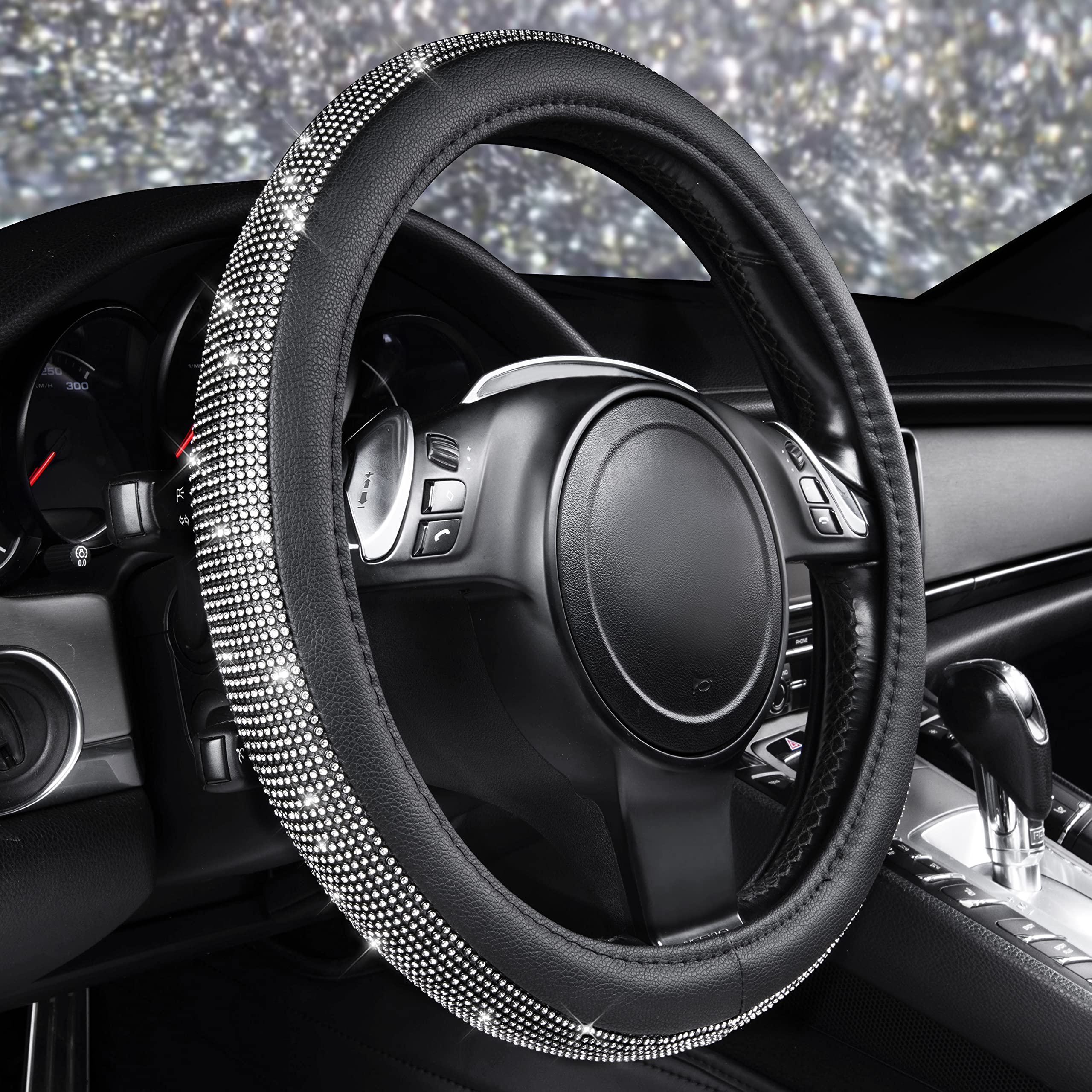 Car Pass Diamond Black Leather Steering Wheel Cover, With Bling Crystal Rhinestones Universal Fit 14'' 1/2-15'' Crystal Glitter