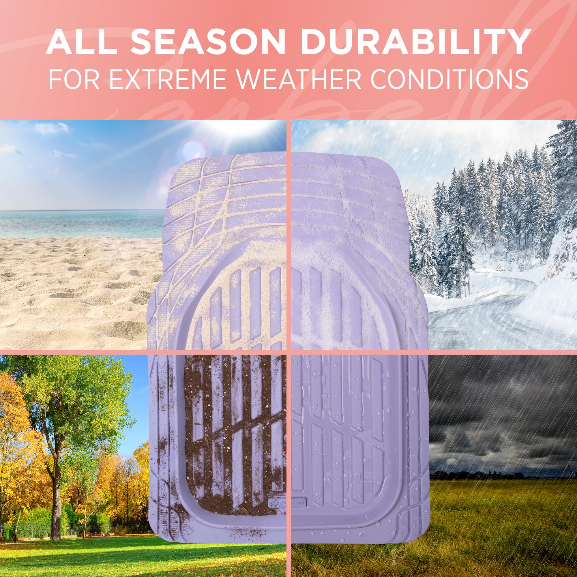 CARBELLA Lavender 4-Piece Rubber Car Floor Mats - Universal Fit All Weather Accessories for Women - Cute Girly Decor for Car, Truck & SUV