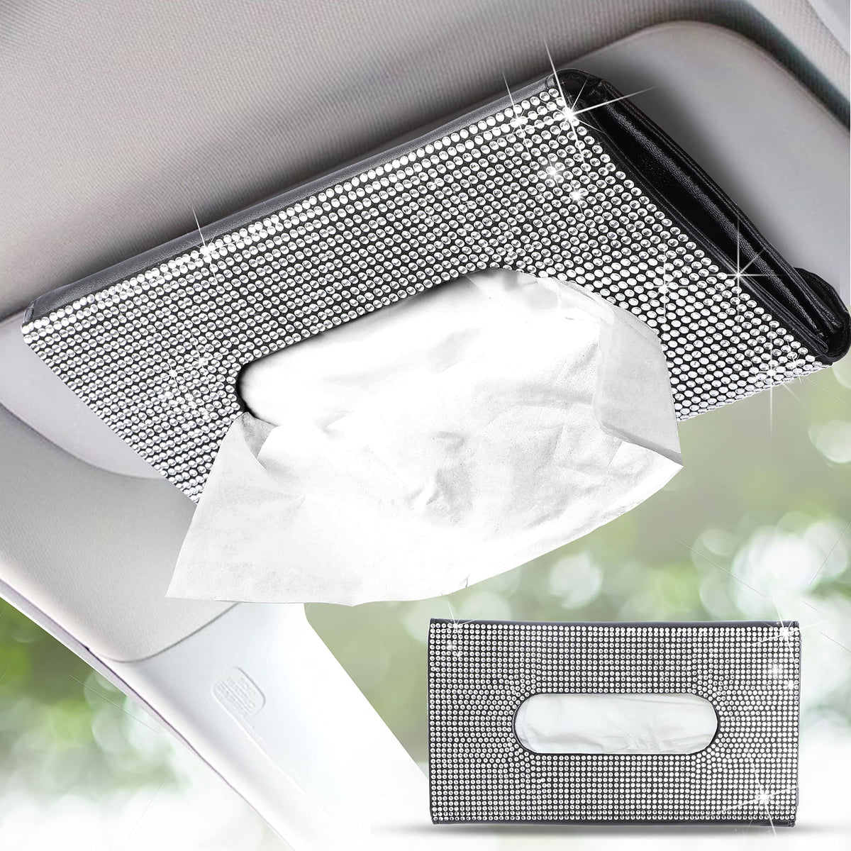 Econour Bling Car Sun Visor Tissue Holder | Crystal Glitter Paper Towel Holder | Pu Leather Case | Mask & Tissue Dispenser| Blin