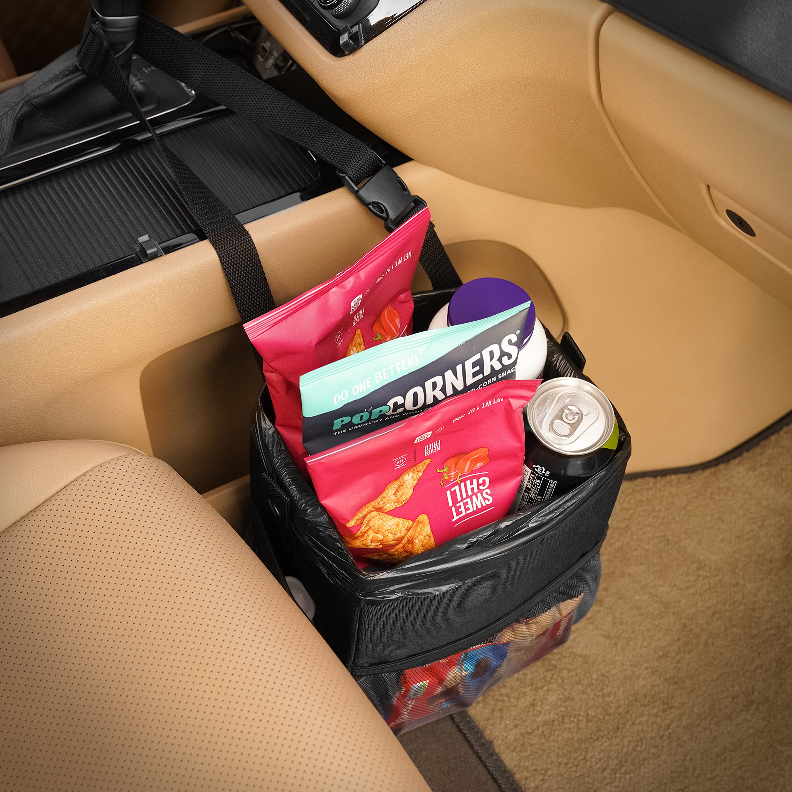 Kmmotors Aladdin Car Trash Can Small With Mesh Pocket, Hanging Trash Bin For Car, Garbage Can With Trash Bags, Foldable Car Tras