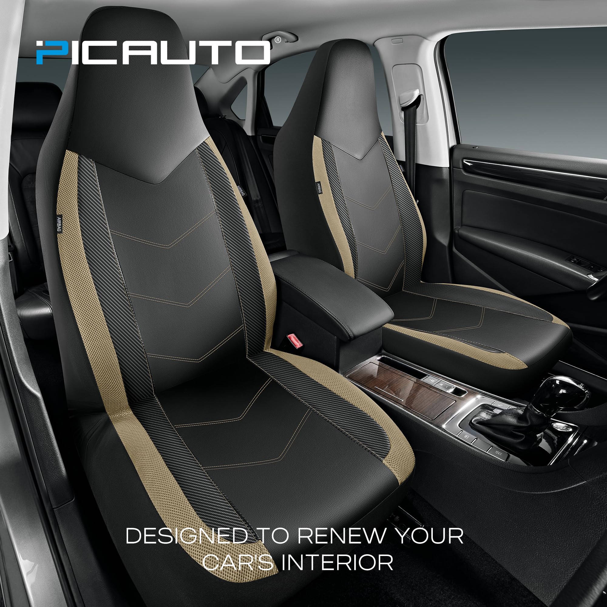 Pic Auto Leather Car Seat Covers, Sports Carbon Fiber & Mesh Design, High-Back Full Set, Waterproof Automotive Seat Covers, Airb