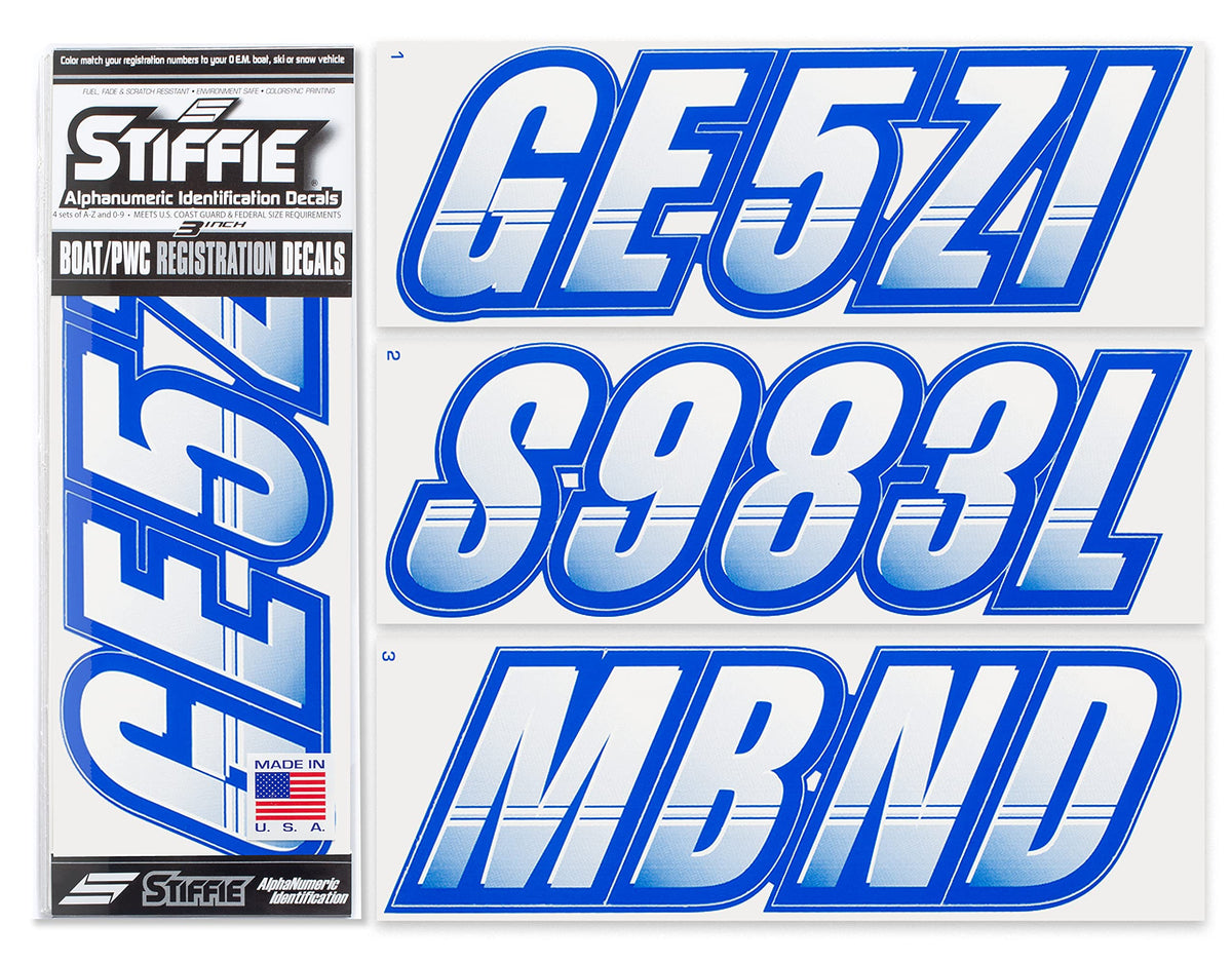 Stiffie Techtron White/Blue 3'' Alpha-Numeric Registration Identification Numbers Stickers Decals For Boats & Personal Watercraf