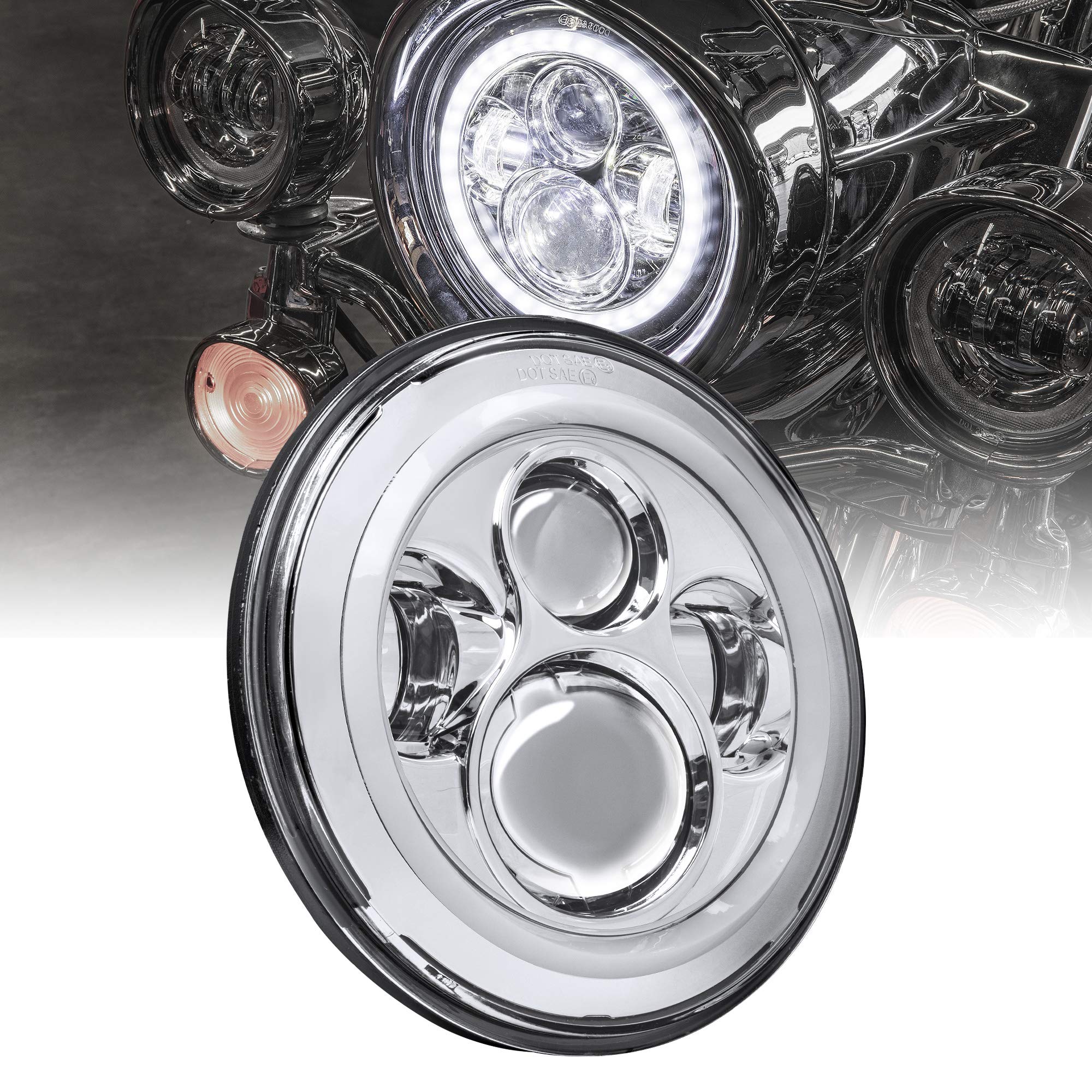 TRUE MODS 7'' LED Harley Head Light [Chrome-Finish] [HALO DRL] [4500 Lumen] [H4 Converter Plug] [Built-In CANBus] Headlight for 