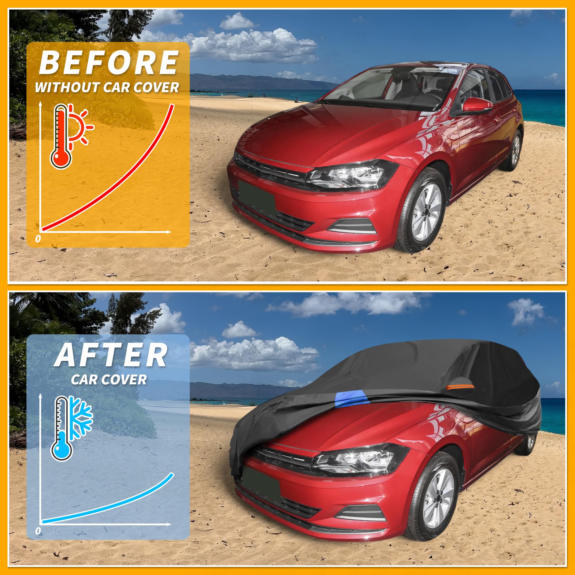 Partuto Waterproof All-Weather Universal Car Cover with Right Side Zipper, 210D-PU Black Blue Fits for Hatchback 163'' to 177''