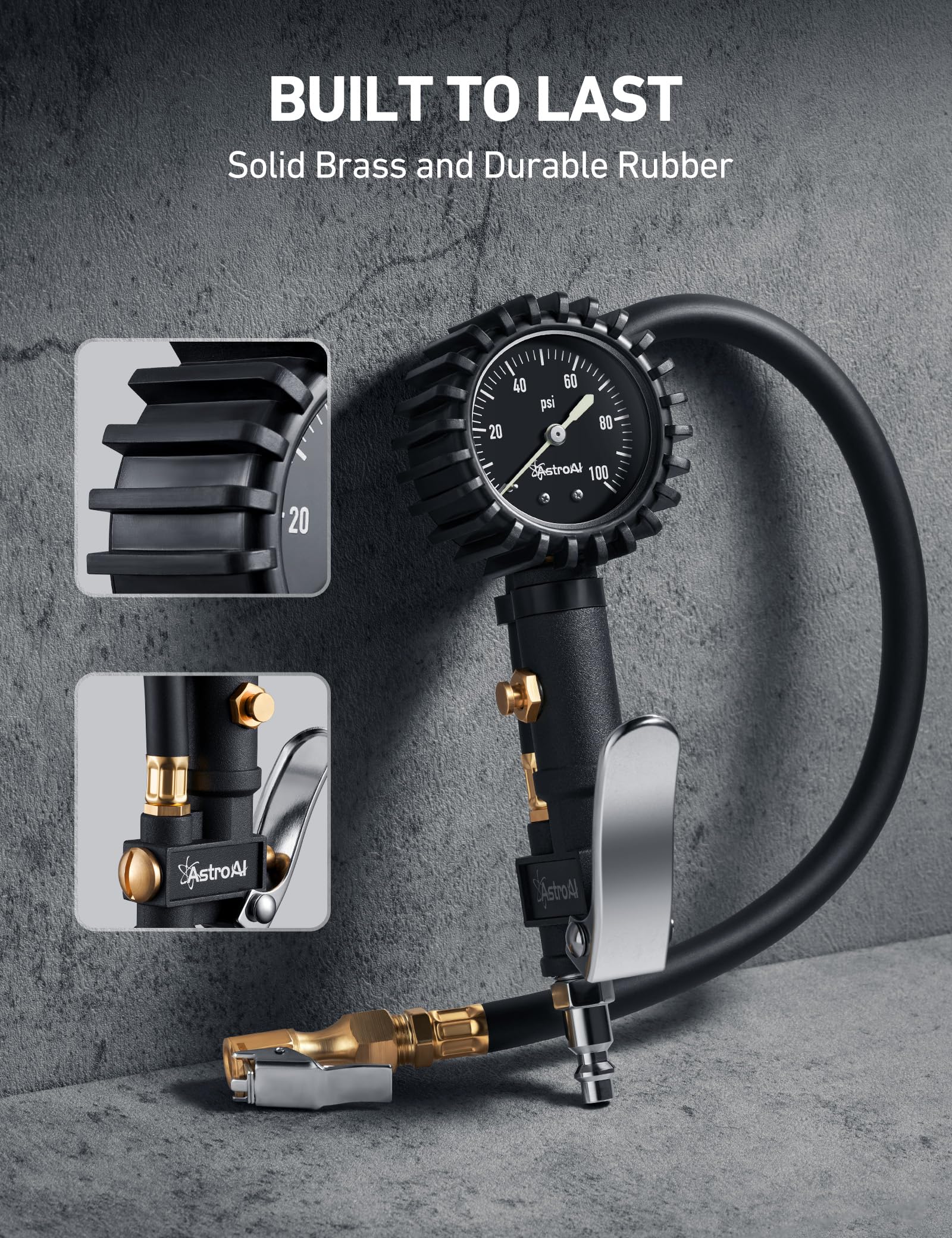 AstroAI Glow Dial Tire Inflator with Pressure Gauge 100 PSI, Heavy Duty with Large 2' Easy Read Glow Dial, Air Chuck, Quick Connect Coupler and Rubber Hose Compressor Accessories, Gifts for Men.