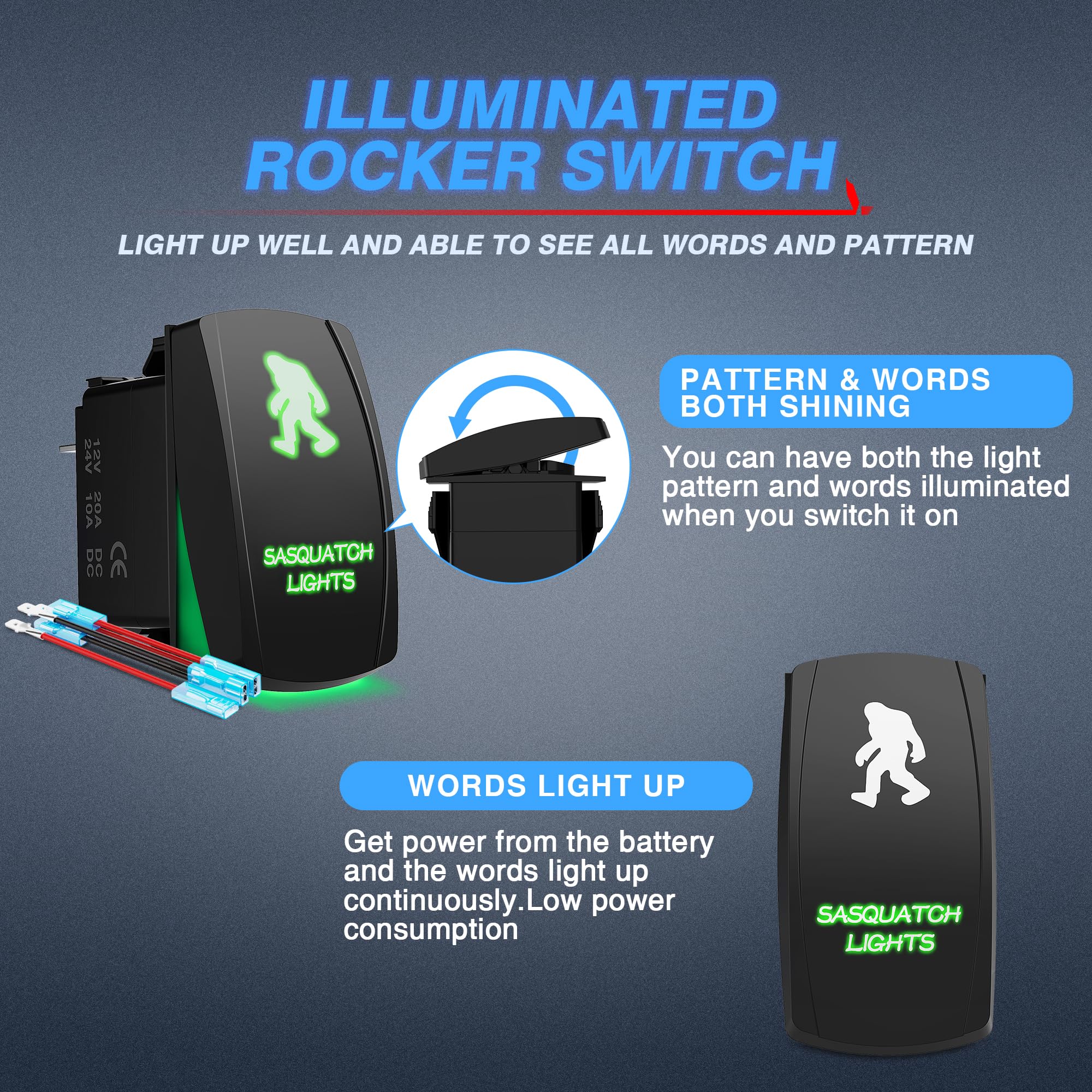 Mictuning 5Pin Bigfoot Rocker Switch On-Off Led Light 20A 12V Green