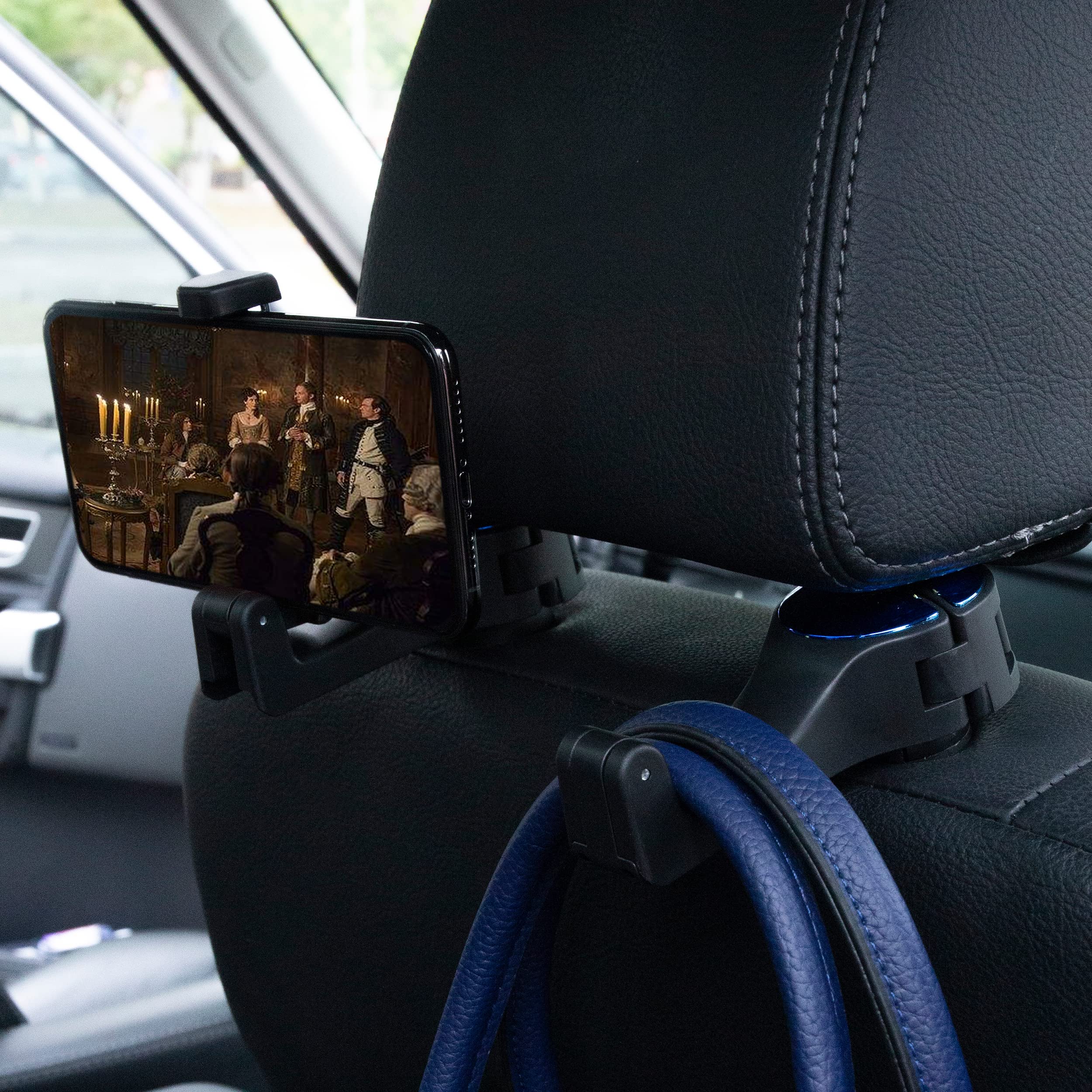 Amooca Car Seat Hooks For Purses And Bags With Phone Holder, Universal Car Headrest Storage Organizer Hanger Hook With Lock, 360