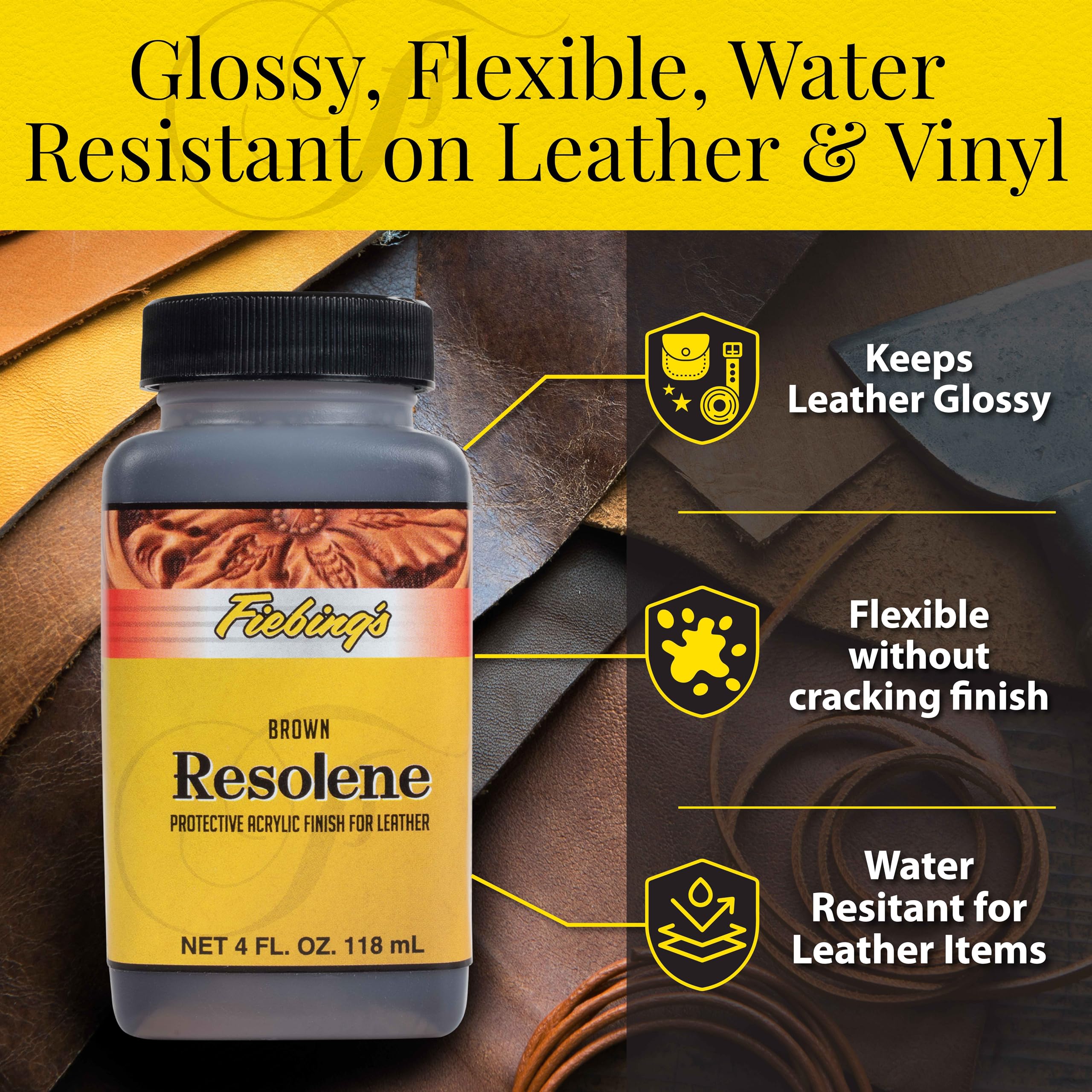 Fiebing'S Acrylic Resolene (4 Oz, Brown) - Protective Acrylic Leather Finisher - Glossy Finish Top Coat For Dyed & Polished Leat