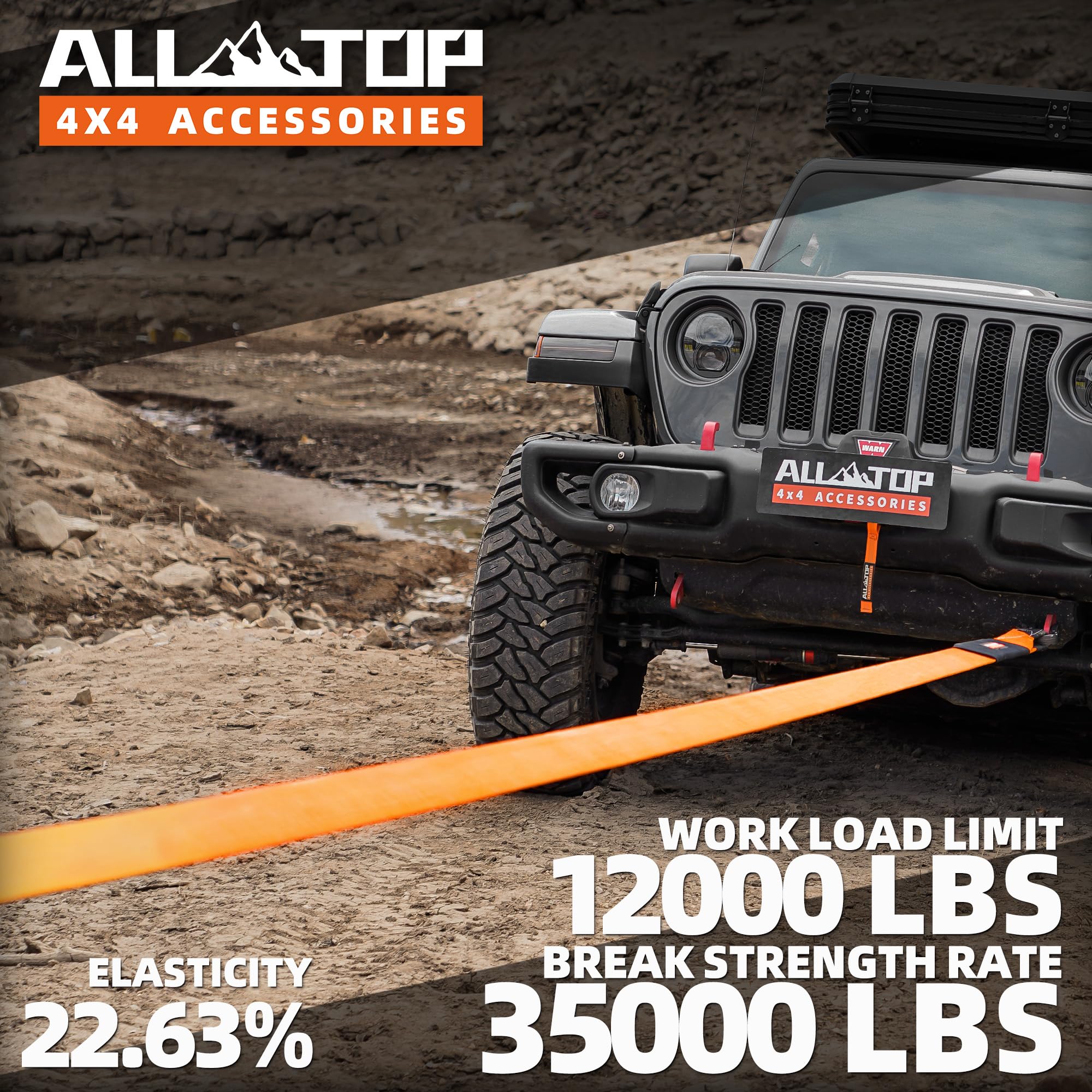 All-Top Recovery Snatch Strap, 3In X 30Ft - 35000Lbs, Heavy Duty 100% Nylon Kinetic Towing Recovery Strap With 22% Elongation &