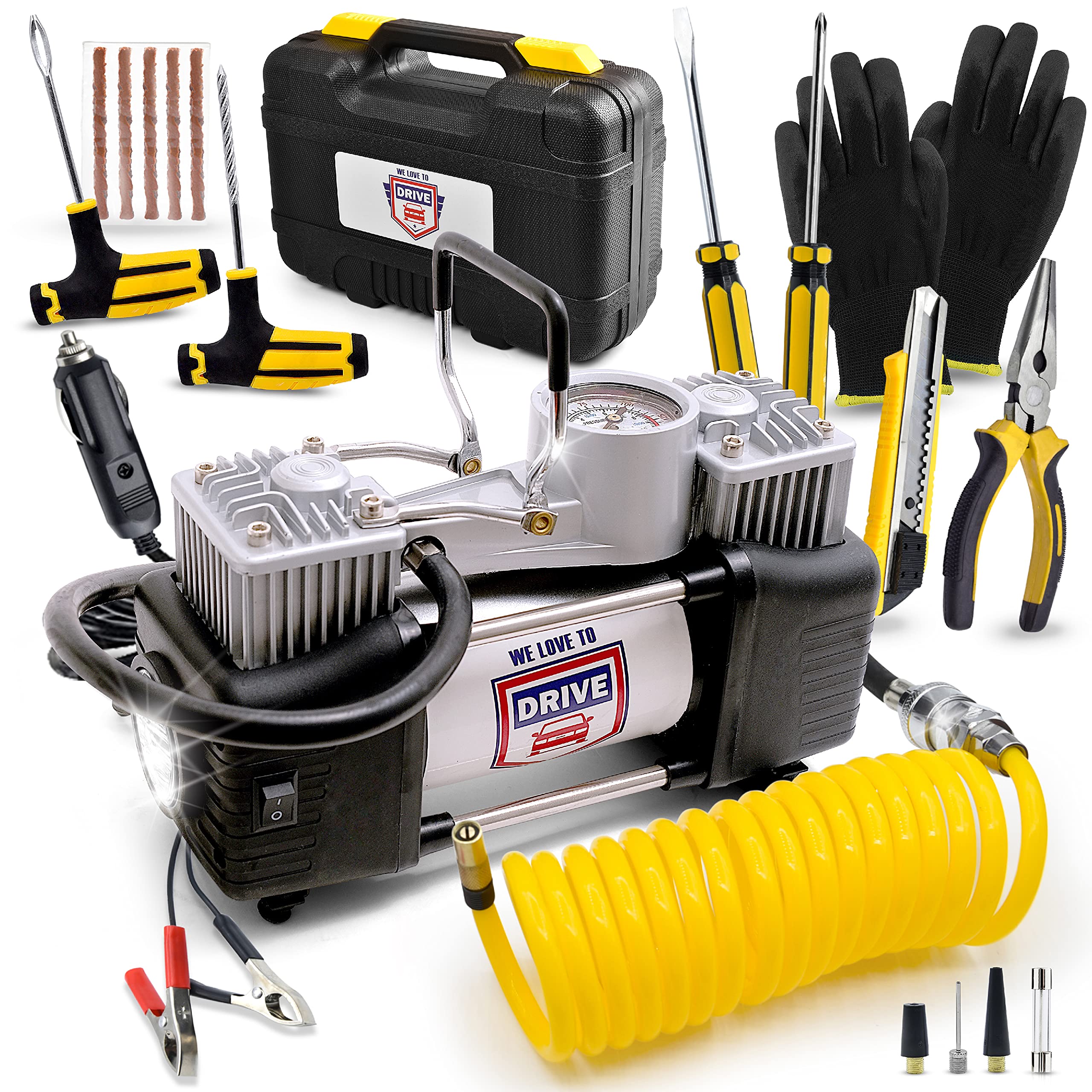 Tire Inflator Portable Air Compressor With Tire Repair Kit - 12V Dc Dual Cylinder Air Pump For Car Tires, 150 Psi Tire Pump With