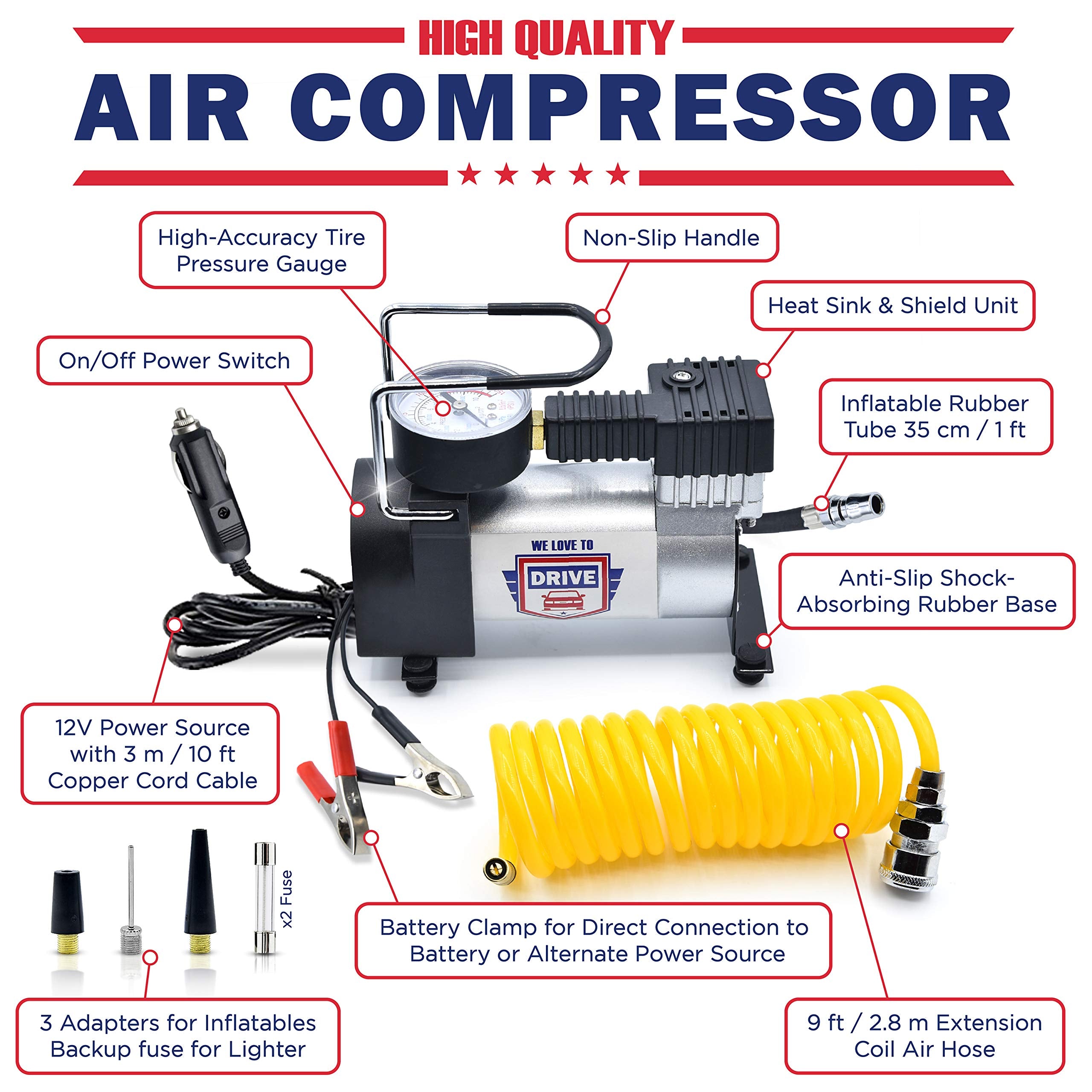 12V Dc Best Air Compressor Tire Inflator With Gauge, 150 Psi Portable Air Pump For Car Tires, Trucks & Inflatables, Double Bonus