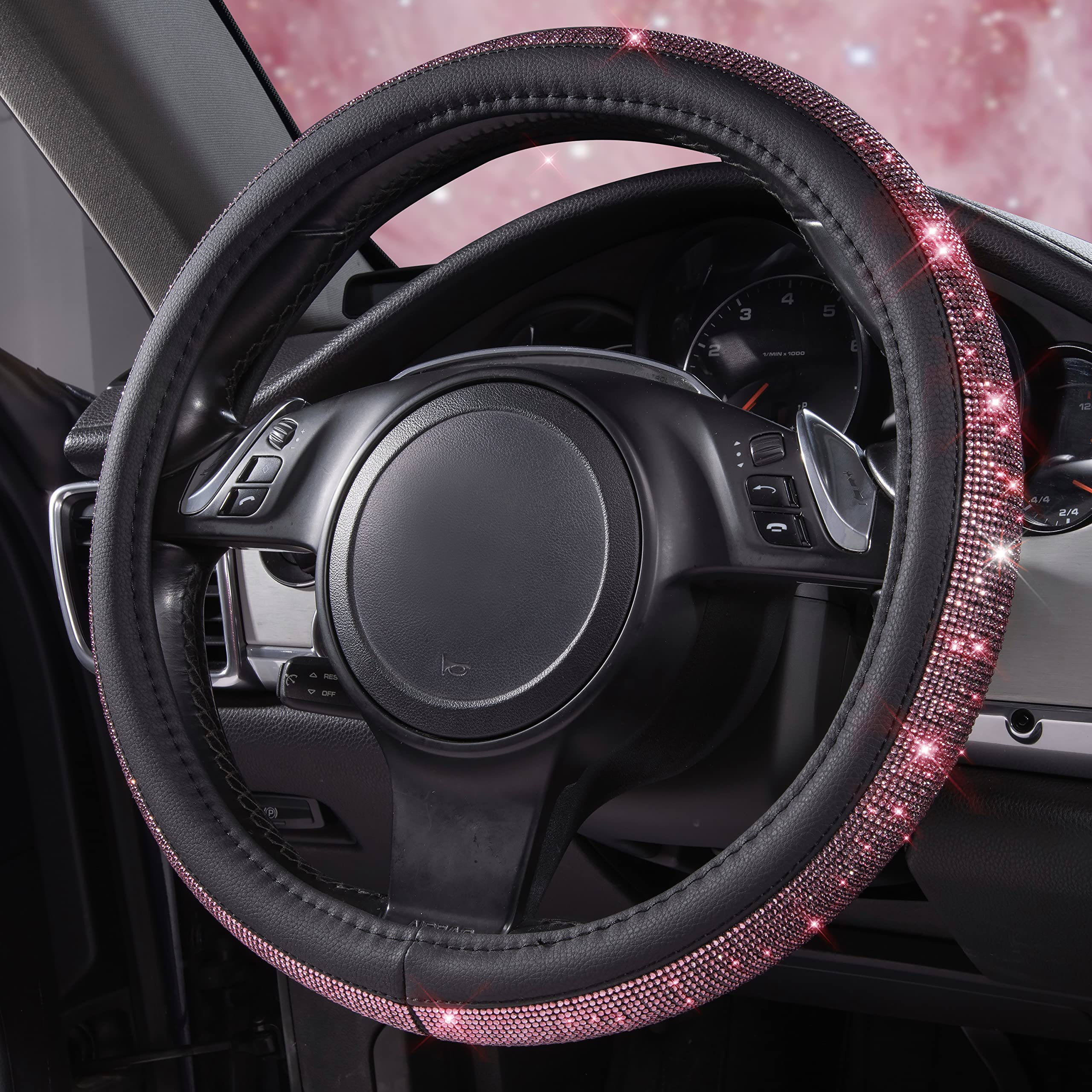 Car Pass Bling Diamond Leather Steering Wheel Cover, Bling Sparkly Crystal Glitter Rhinestones Universal Fit 14'' 1/2-15'' Car W