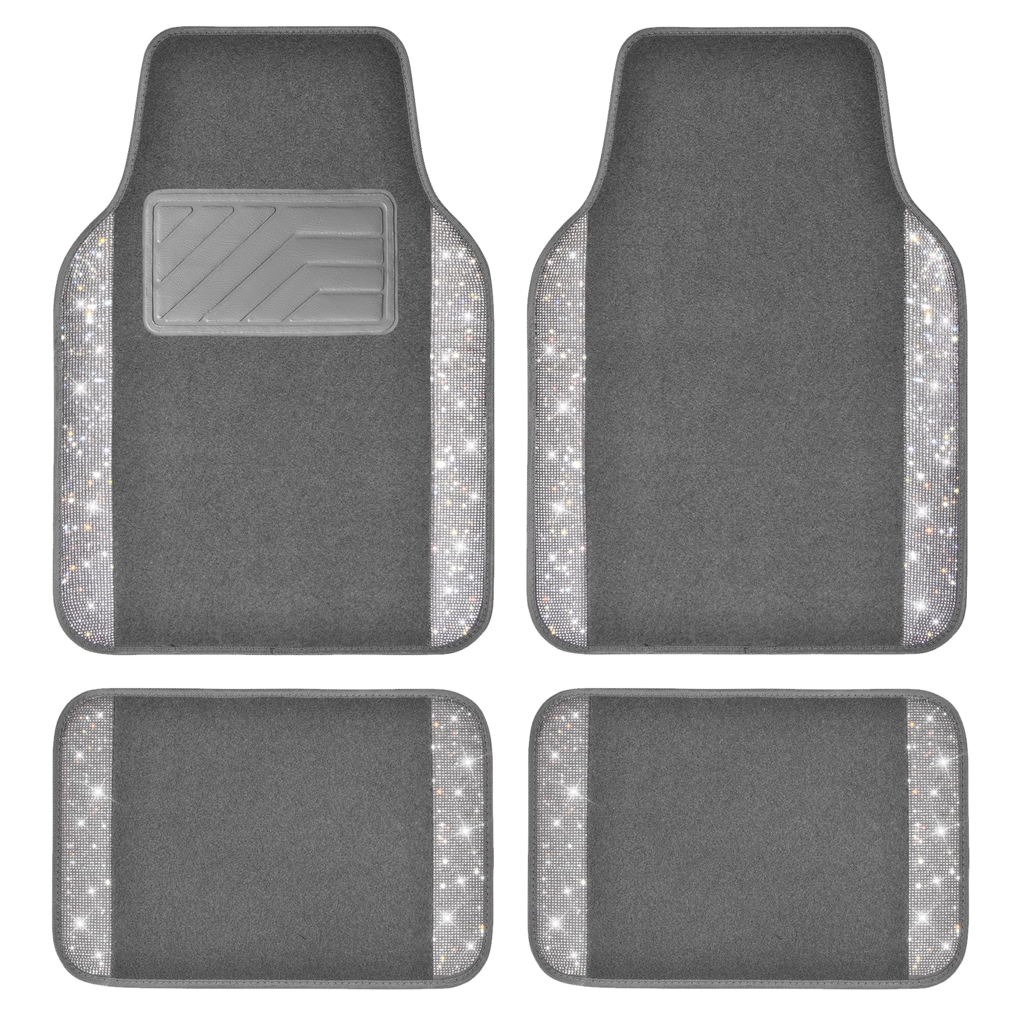Car Pass Bling Car Mats Shining Diamond Carpet Crystal Rhinestones Sparkly Glitter Floor Mats With Anti-Slip Pvc Heel Pad Universal Fit For Automotive Suv, Sedan, Car, Van, 4Pcs For Girl Women, Gray