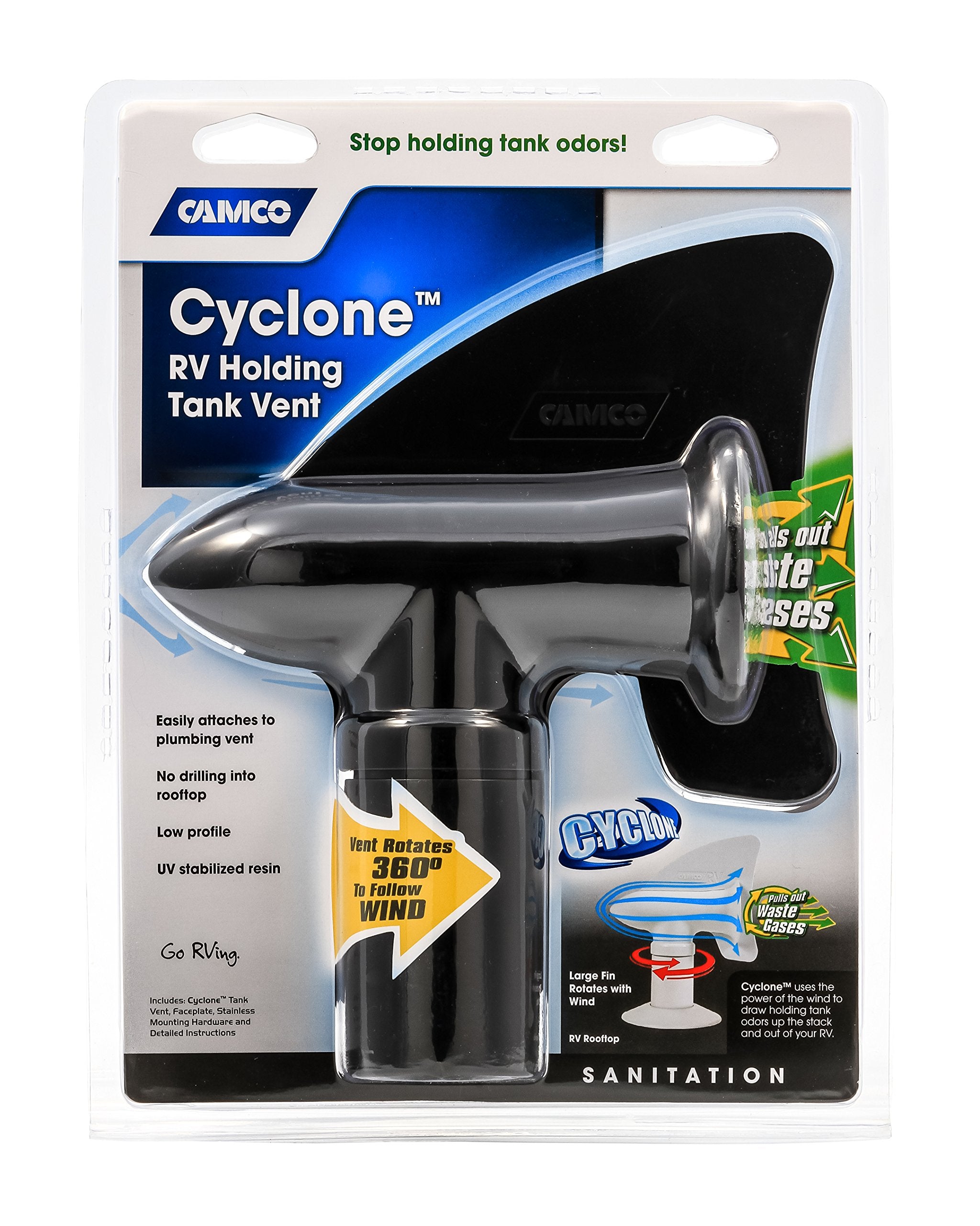 Camco Cyclone Sewer Vent Cover | Draw Holding Tank Odors out of the RV, Trailer, or Camper | Black (40597), Medium