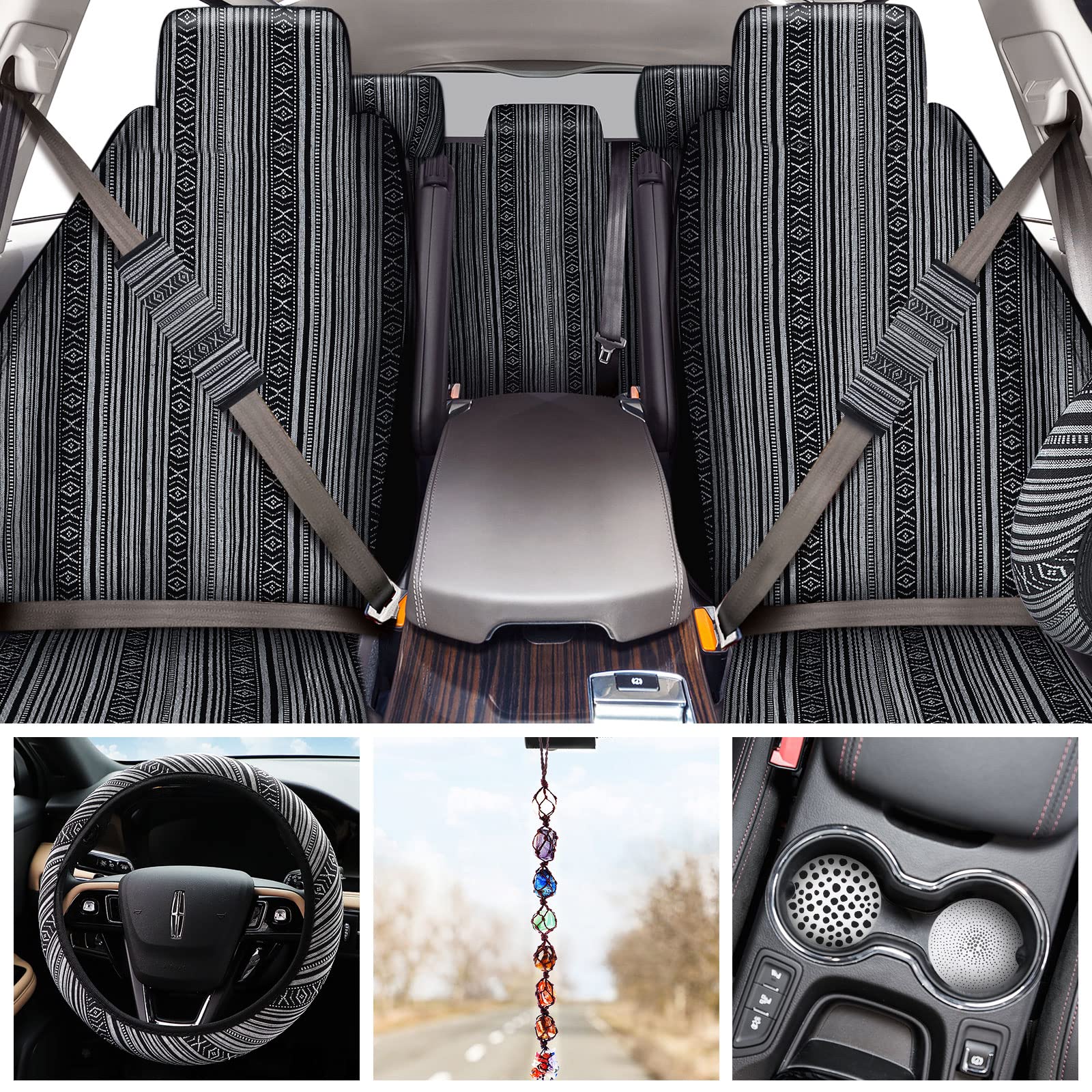 Frienda Baja Saddle Blanket Car Seat Covers Full Set Multicolor Stripe Boho Steering Wheel Cover Seat Belt Pads Crystal Hanging