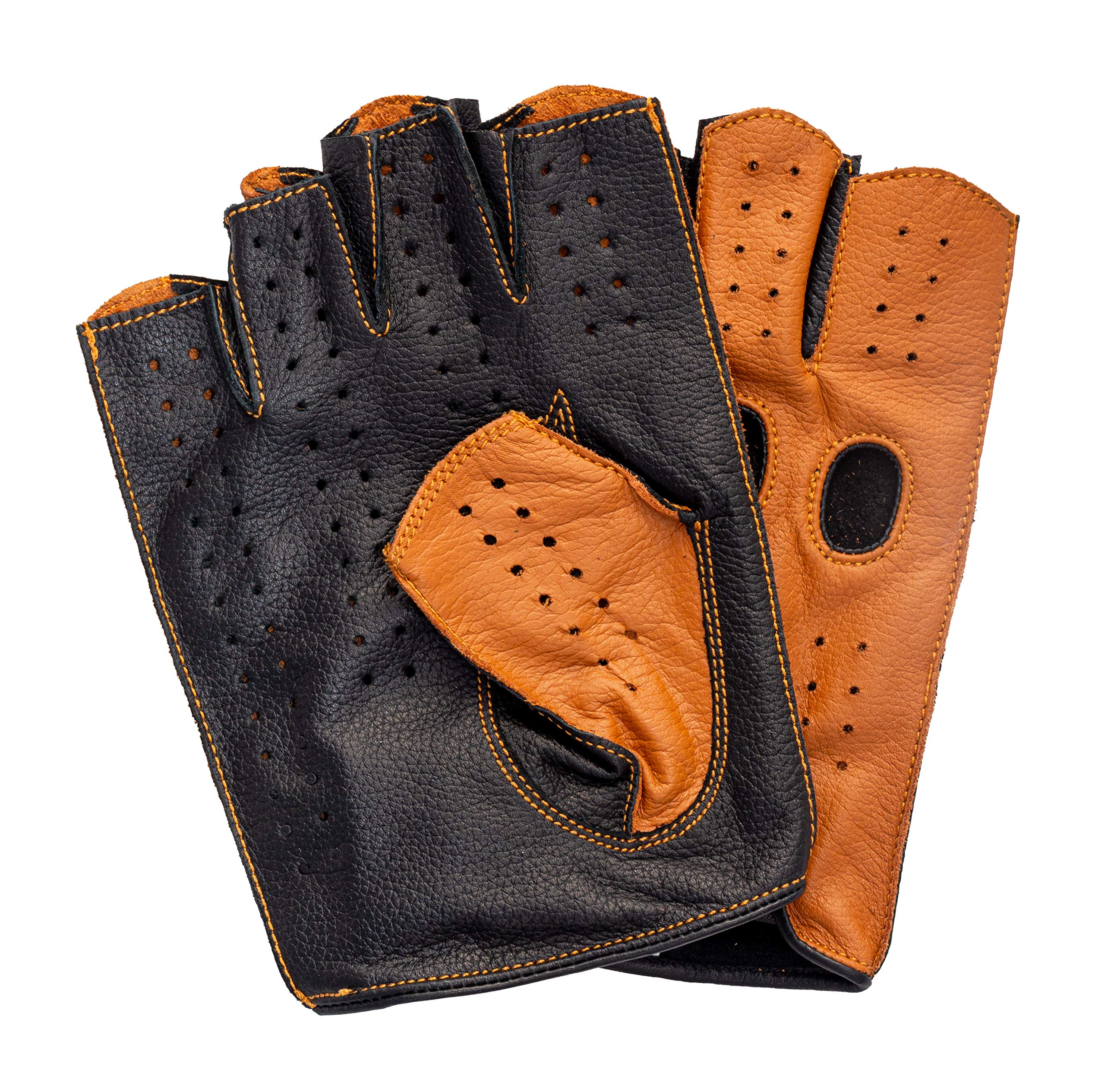 Riparo Mens Leather Reverse Stitched Fingerless Half-Finger Driving Motorcycle Gloves (Xx-Large, Cognac/Black)