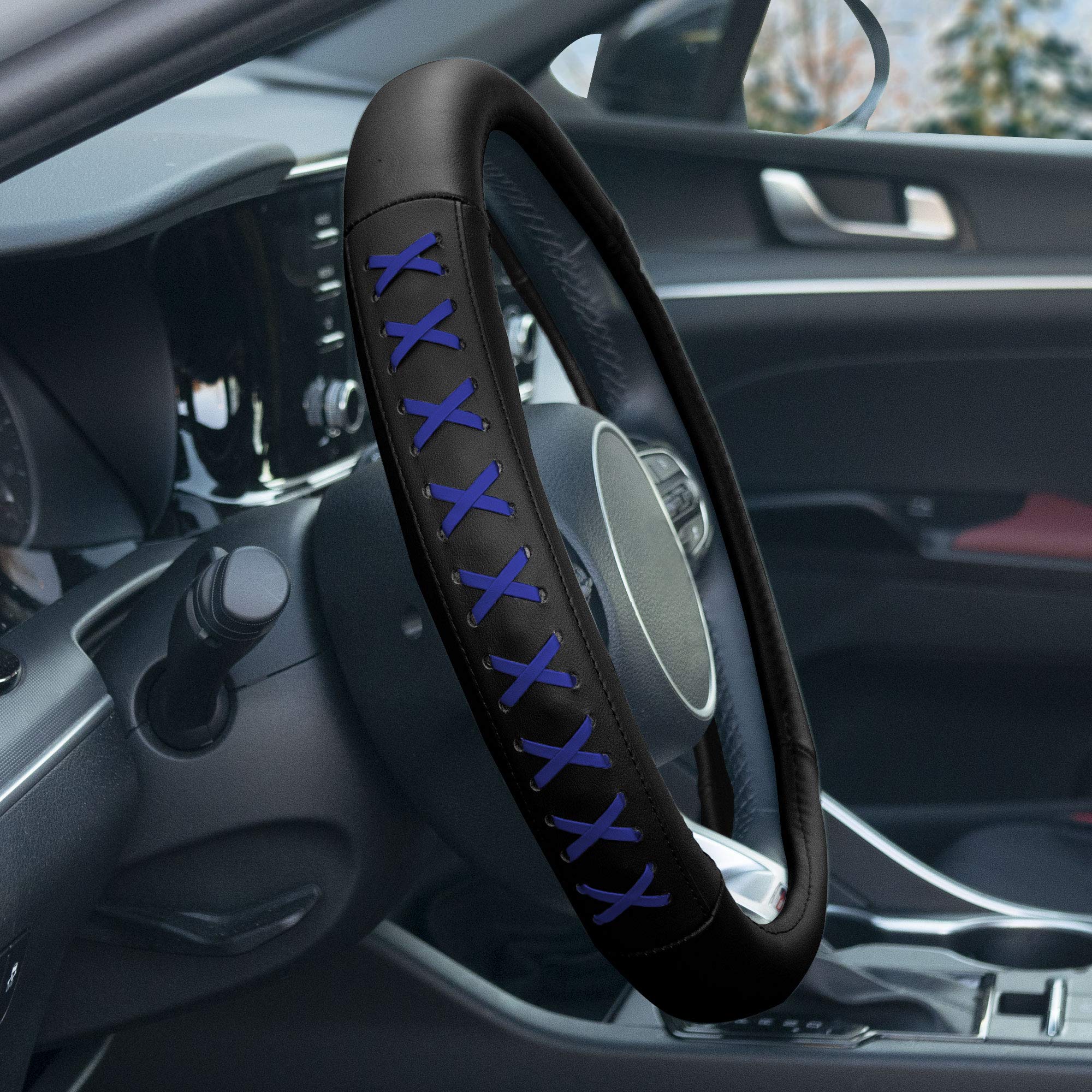 Fh Group 15 Inch Genuine Leather With Lace-Up Detailing Steering Wheel Cover Fits Most Cars, Suvs, And Trucks Blue
