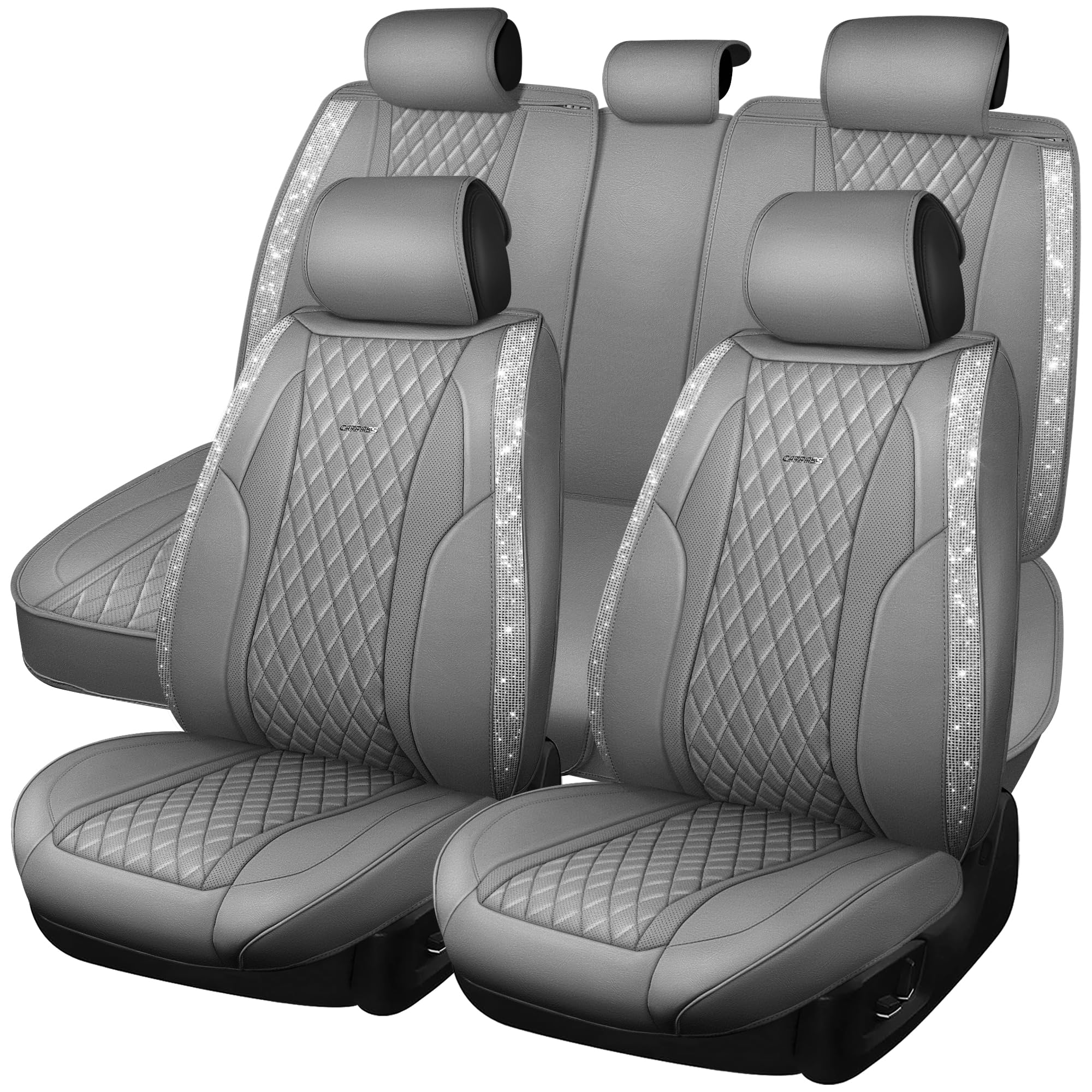 Car Pass Gray Leather Bling Car Seat Covers Full Set, Luxury Microfiber Nappa Pu Cushioned, Waterproof Anti-Slip Universal Fit F