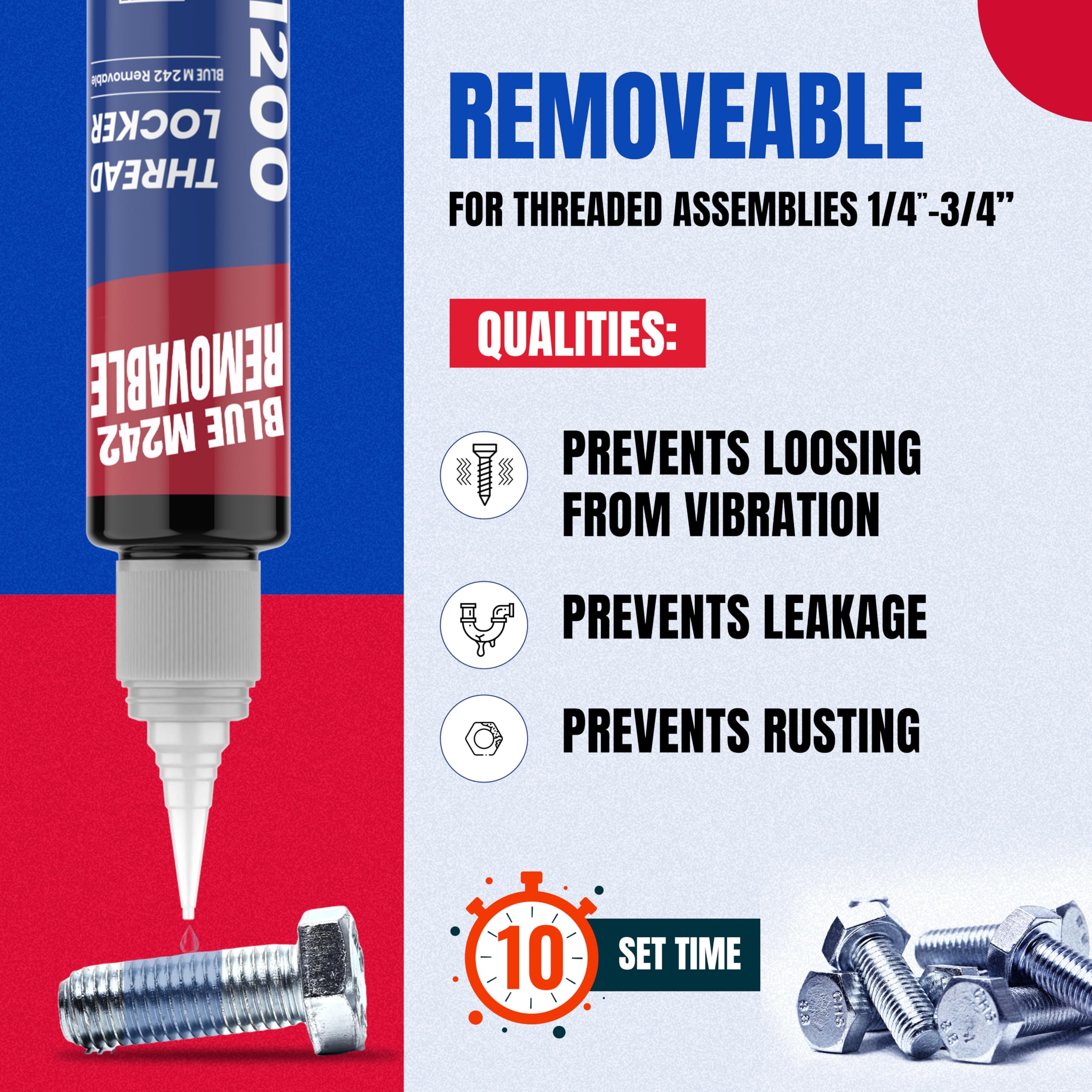 Gh1200-50Ml Blue Thread Lock Medium Strength For Nuts, Bolts, And Metals - Threadlocker Lock Tight & Seal Fasteners With Stable