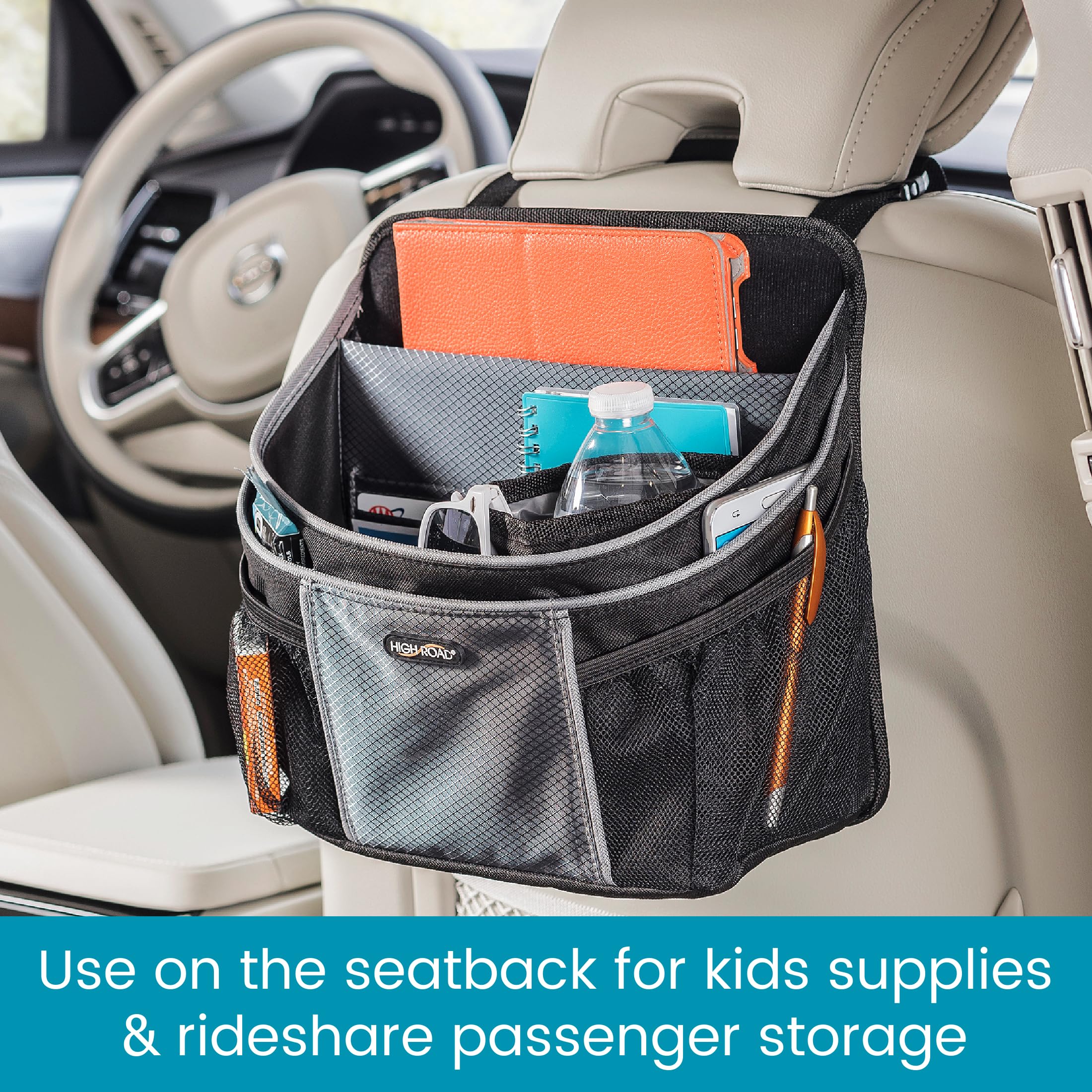 High Road Driverstash Passenger Front Seat Or Car Seatback Organizer With Insulated Cup Holder And 10 Multipurpose Pockets For S