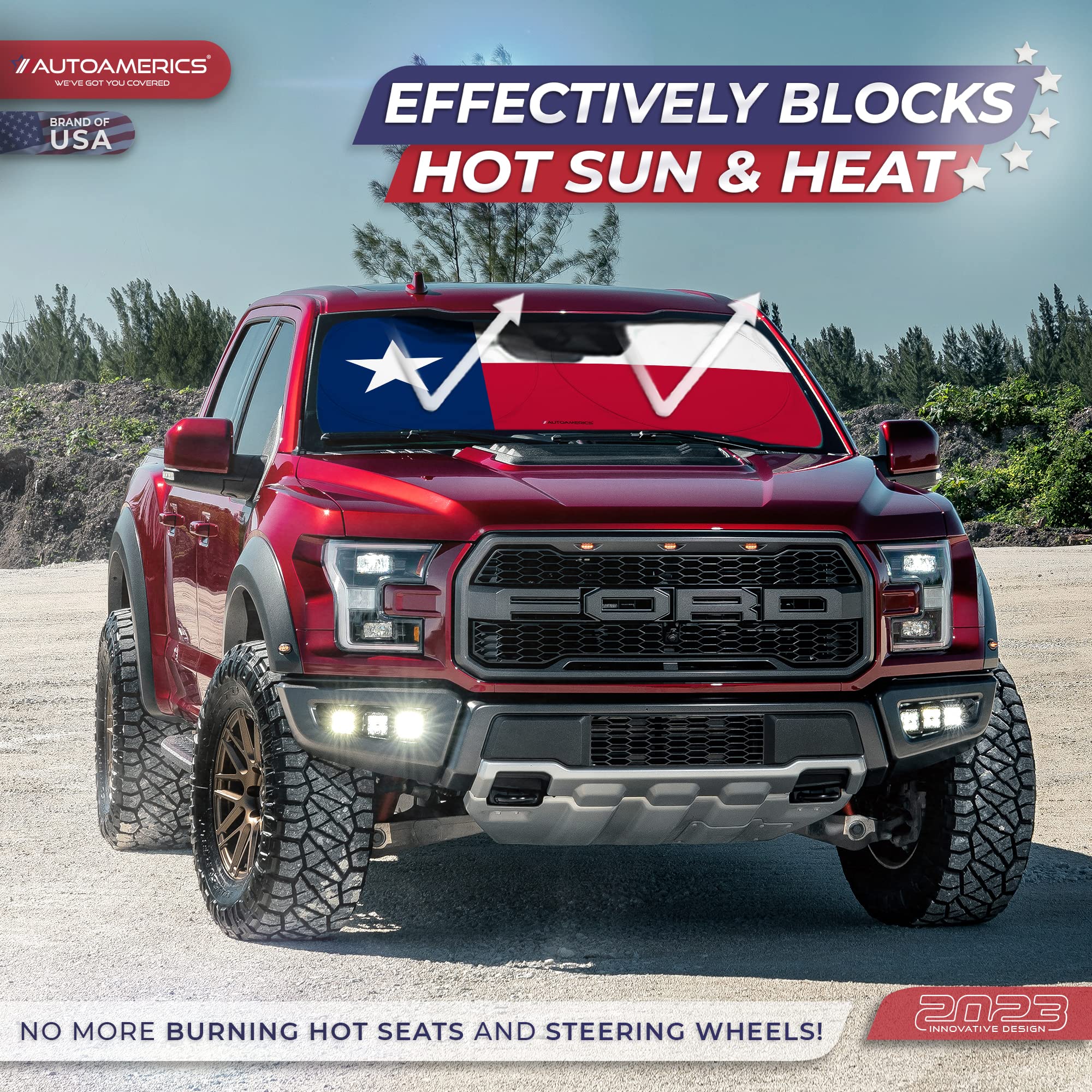 AUTOAMERICS Windshield Sun Shade - Foldable, Reflective Polyester, USA Texas Flag, Small (59 x 28.5 inches) - Blocks UV Rays, Keeps Vehicle Cool