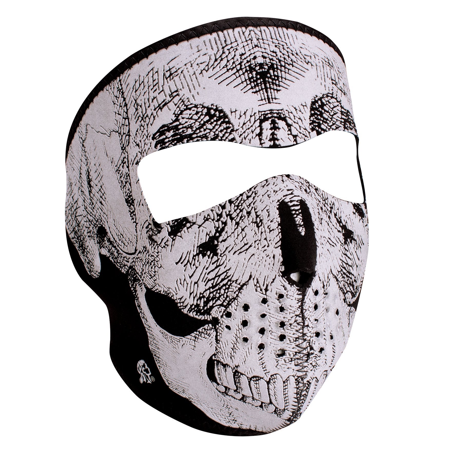 ZANheadgear Neoprene Full Face Mask, Black and White Skull Face, Reflective