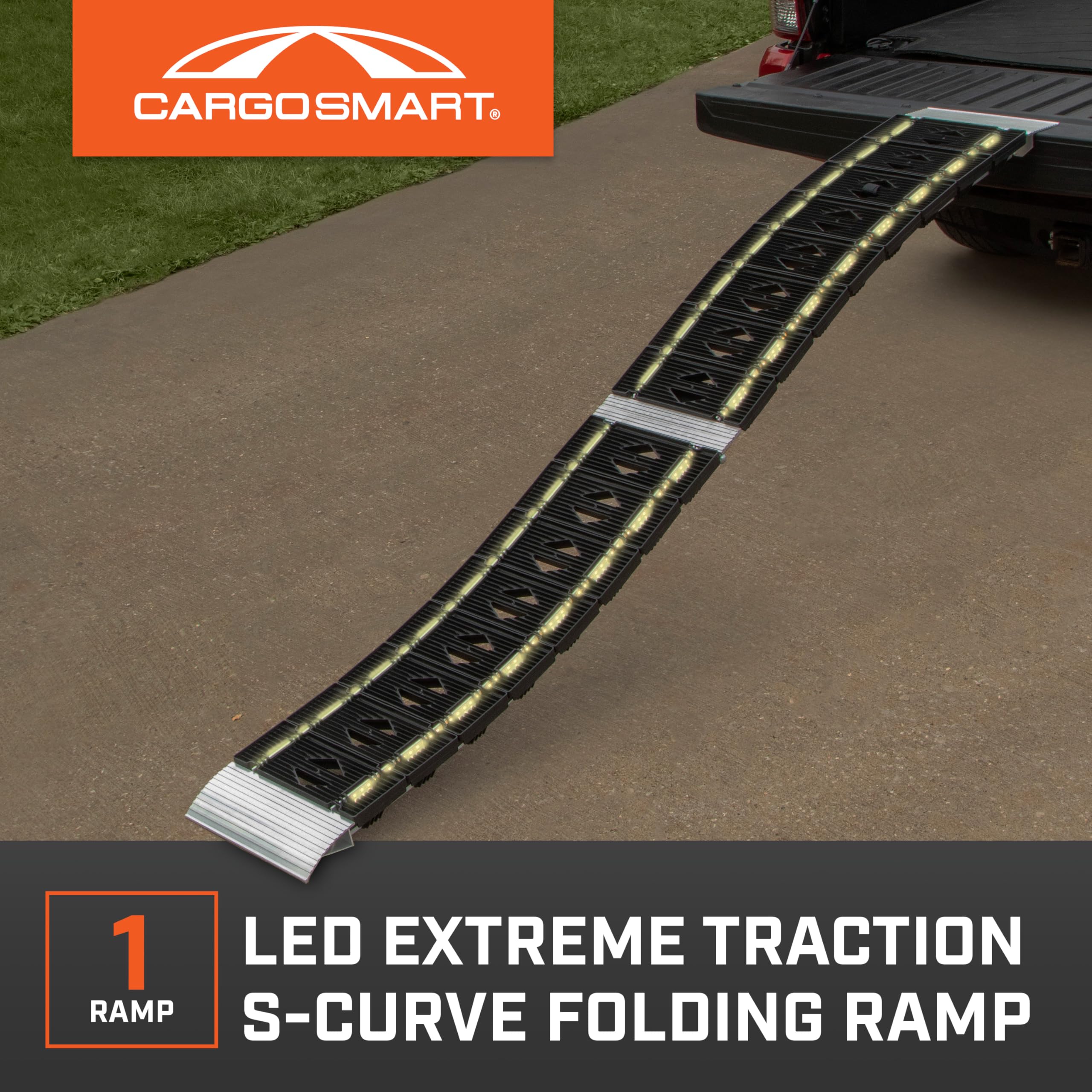 Cargosmart Led Hybrid S-Curve Centerfold Loading Ramp, 1 Pack - 1,500Lb Per Pair Capacity, 12    W X 90    L - Aluminum Ramp Wit