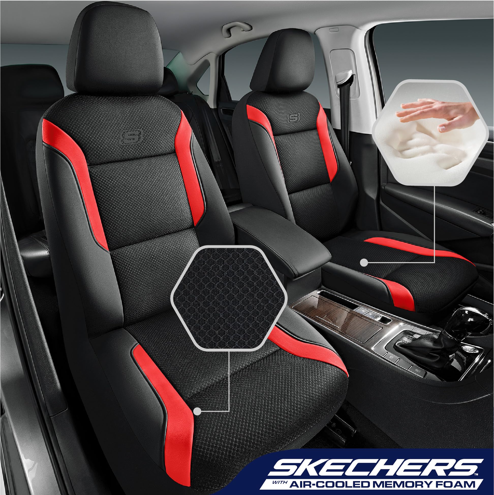 Skechers Memory Foam Car Seat Covers, Air Cool Mesh Thick Seat Covers, Red Two Front Seat Cover, Airbag Compatible, Automotive C