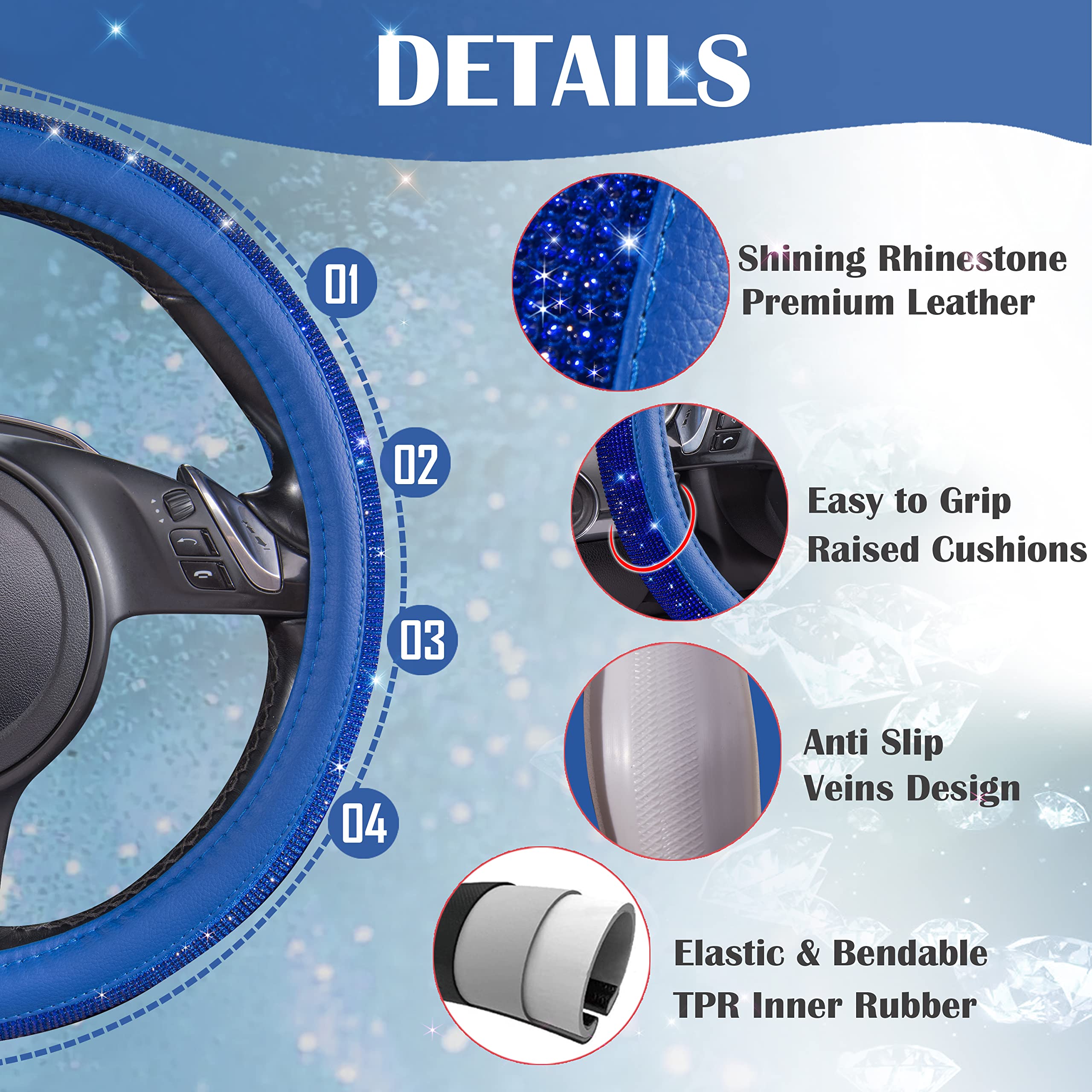 Car Pass Bling Diamond Leather Steering Wheel Cover, With Bling Sparkly Crystal Glitter Rhinestones Universal Fit 14 1/2-15 Car Wheel Protect For Women Girl Fit Suvs,Vans,Sedans,Cars,Trucks, Blue