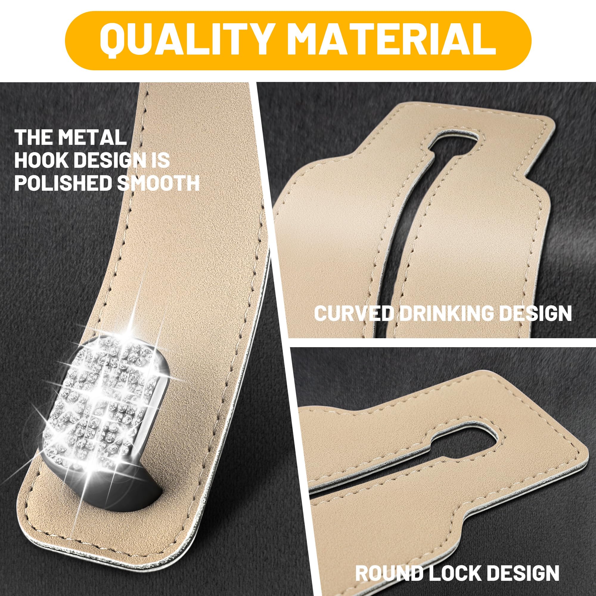 Amelity Headrest Hooks for Car, Bling Car Hooks for Purses and Bags Cute, Car Seat Back Storage (2 Pack, Beige)