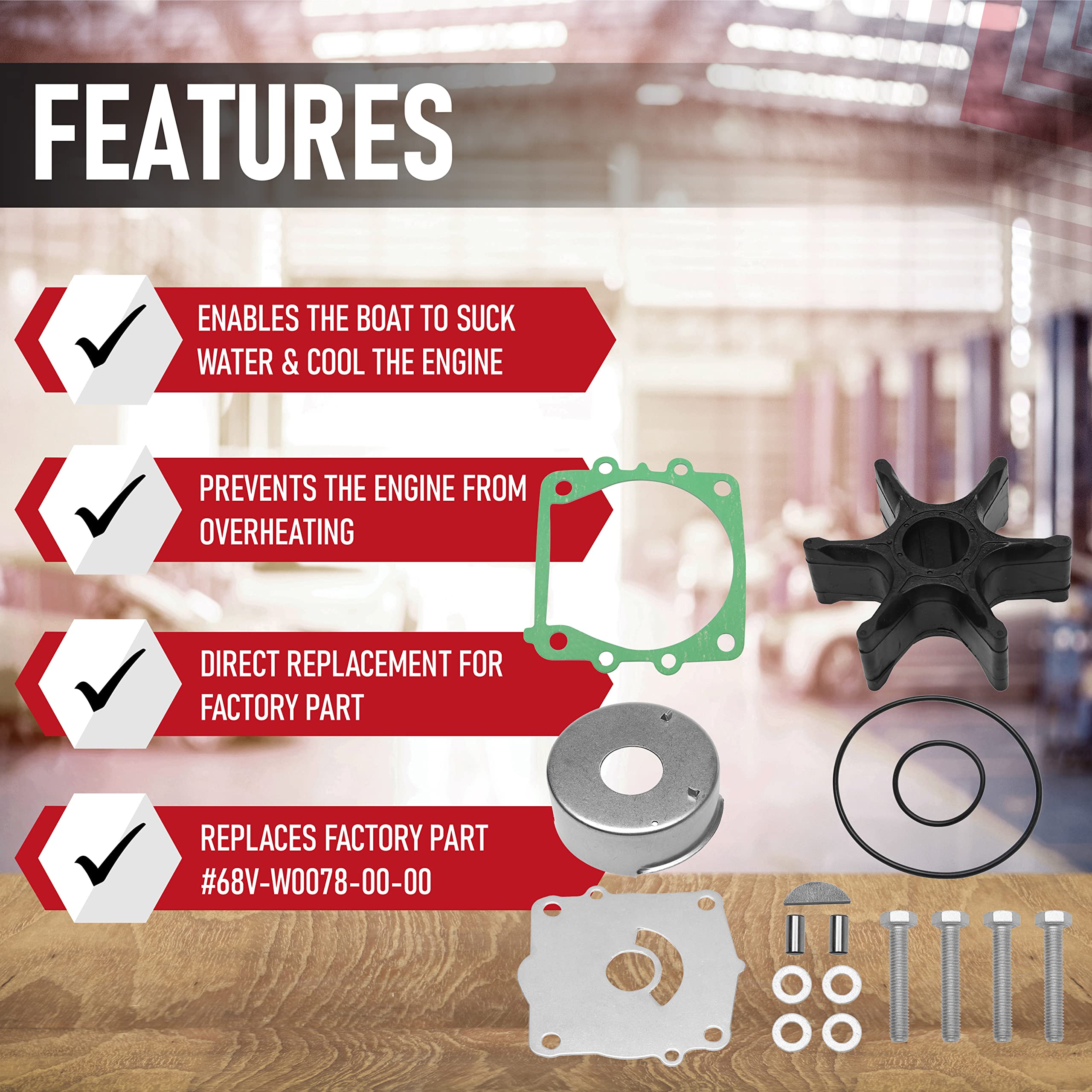 Water Pump Impeller Repair Kit - Replaces 68V-W0078-00-00, 18-3442 - Compatible With Yamaha 4-Stroke 75Hp-115Hp - 2002-2017 F115