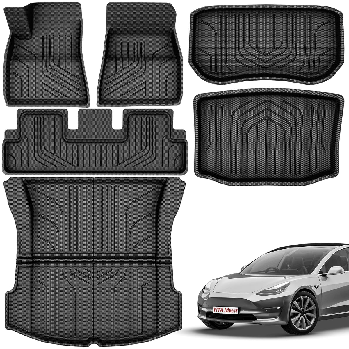 Yitamotor Tesla Model 3 Floor Mats Full Set Custom Fit 2020-2023 All-Weather Cargo Liners Rear Cargo Tray Trunk Floor Mat Interi