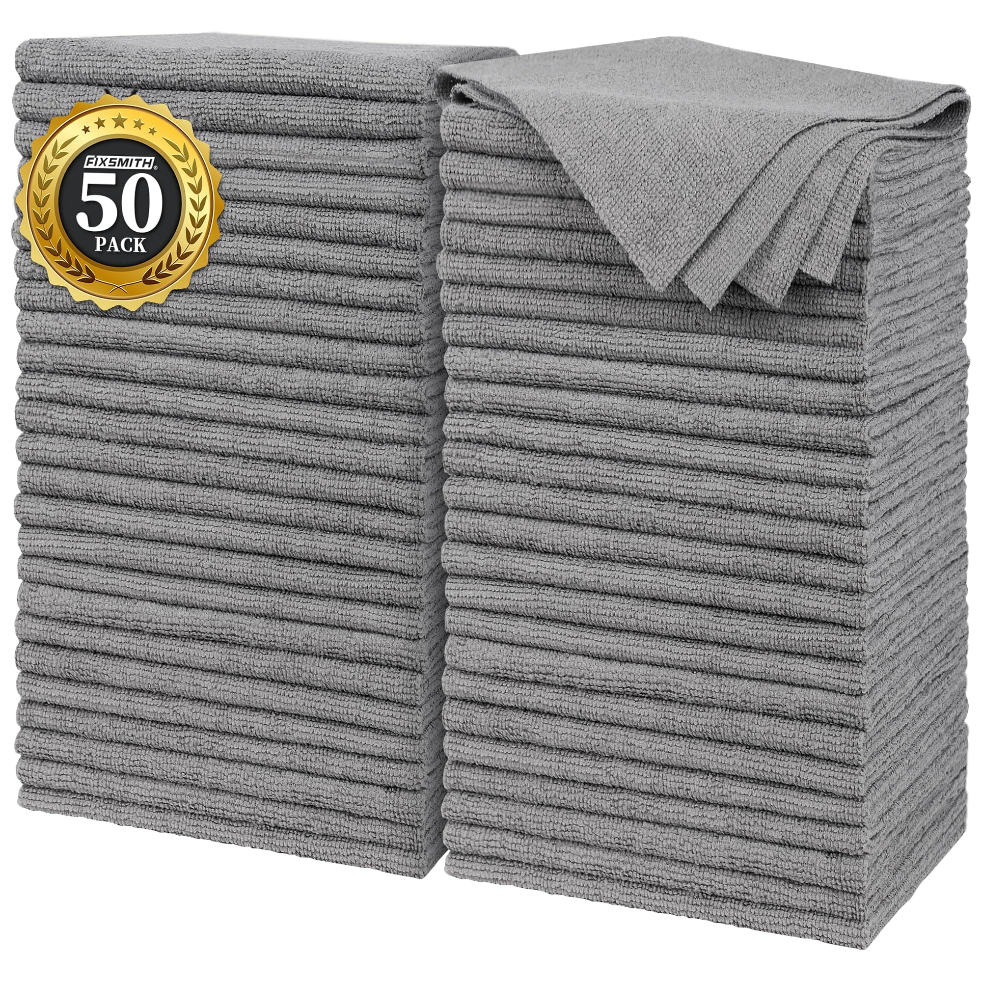 Fixsmith Grey Microfiber Cleaning Cloth, Pack Of 50, 16''X12'' Cleaning Rags For Housekeeping And Kitchen, Reusable Shop Towels,
