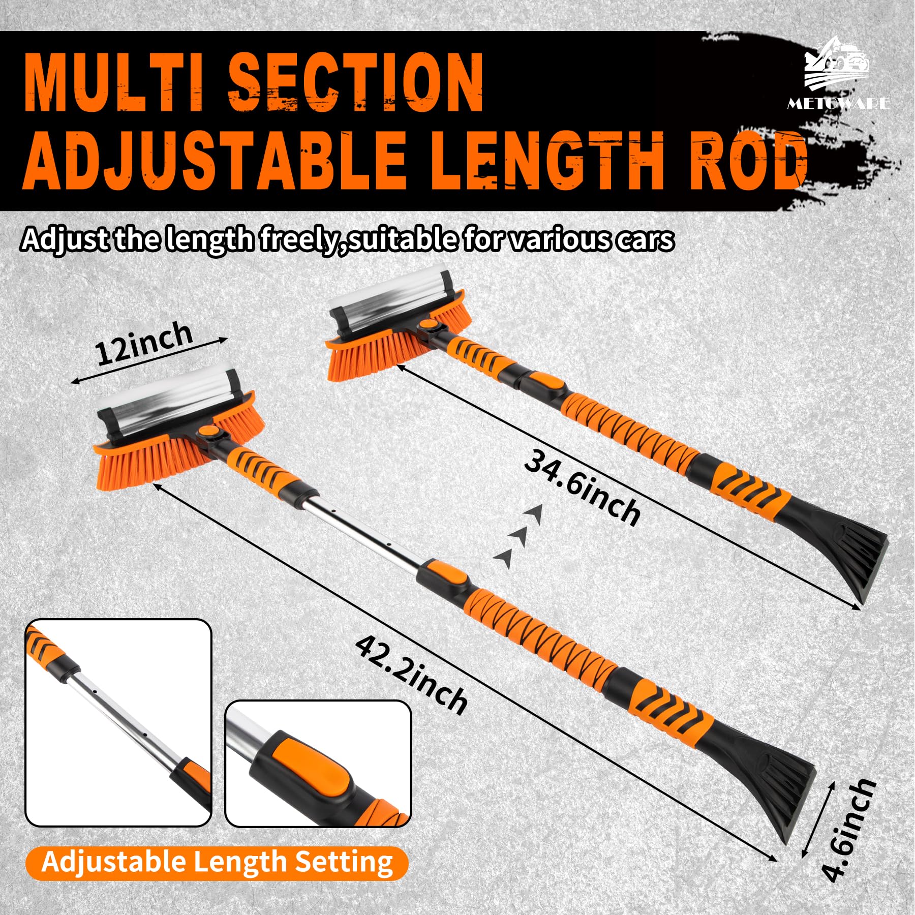 Metoware 42.2'' Snow Brush And Ice Scrapers For Car Windshield, Extendable Snow Brush For Car With Ergonomic Foam Grip And 360 P