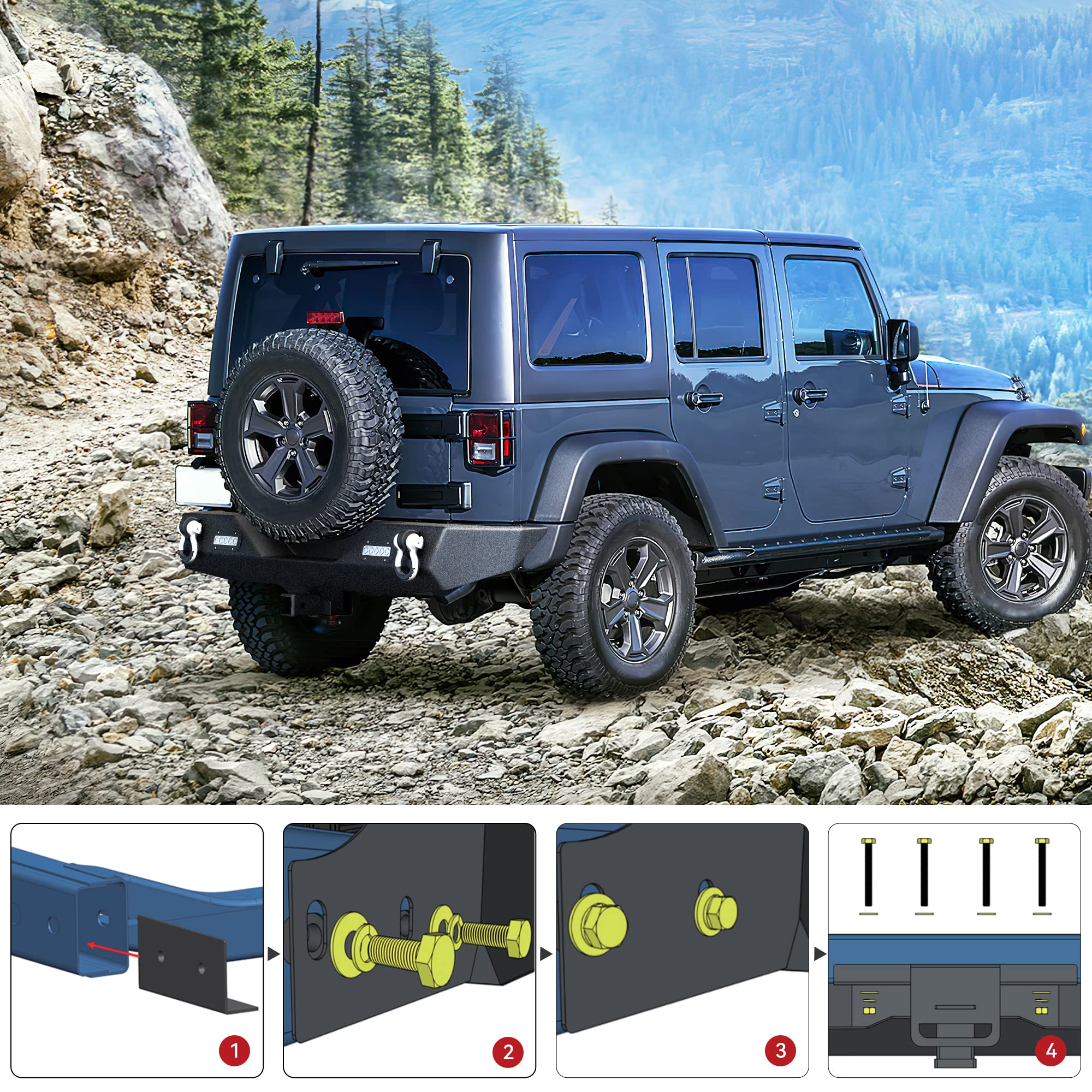 Ledkingdomus Rear Bumper Compatible With 07-18 Jeep Wrangler Jk And Jk Unlimited, Off Road Back Bumper W/ 2X Led Lights & 2'' Hi
