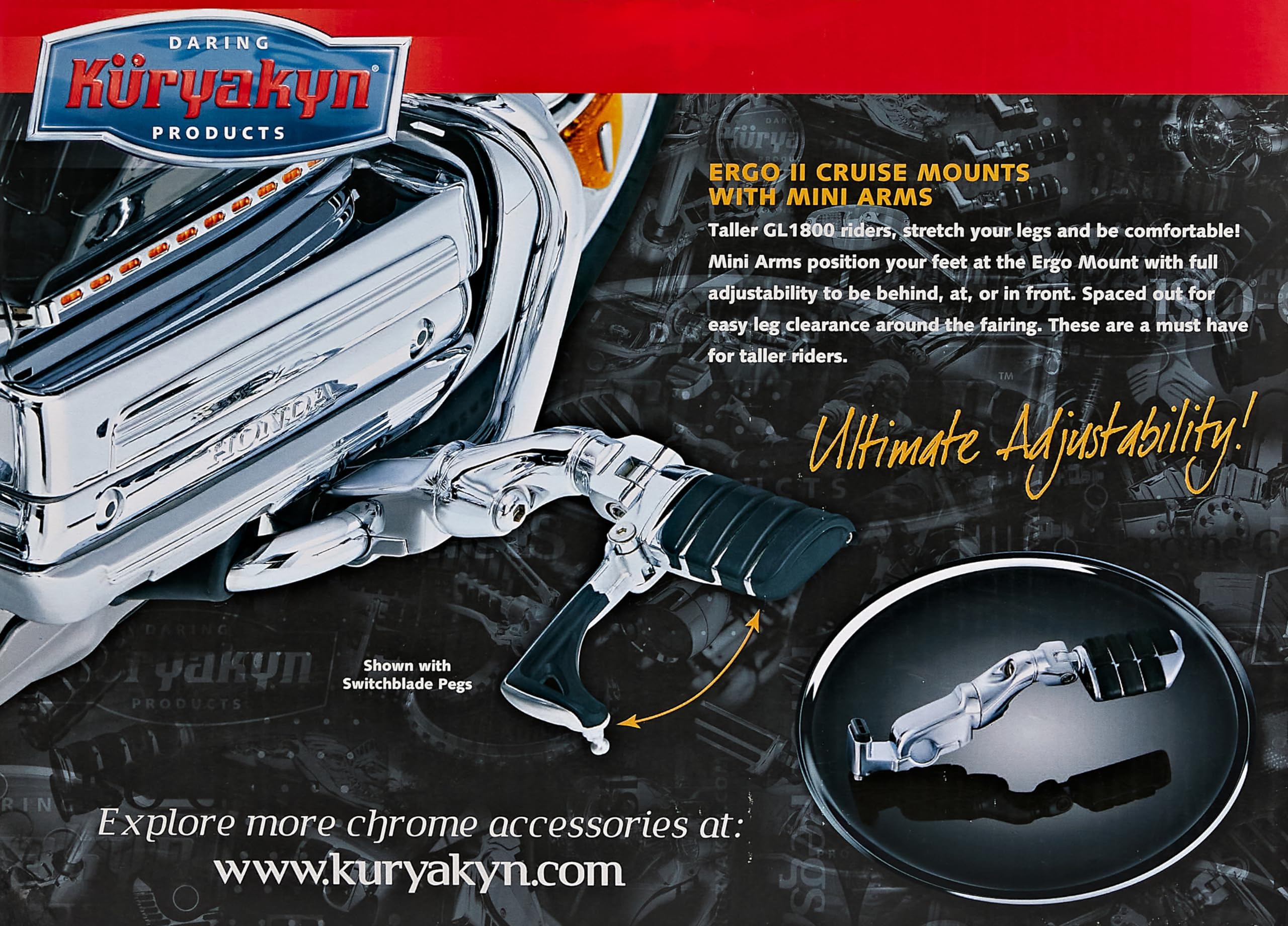 Kuryakyn 4073 Motorcycle Foot Controls: Ergo II Cruise Mounts with Dually ISO Pegs and Mini Arms for Honda Gold Wing, Valkyrie M