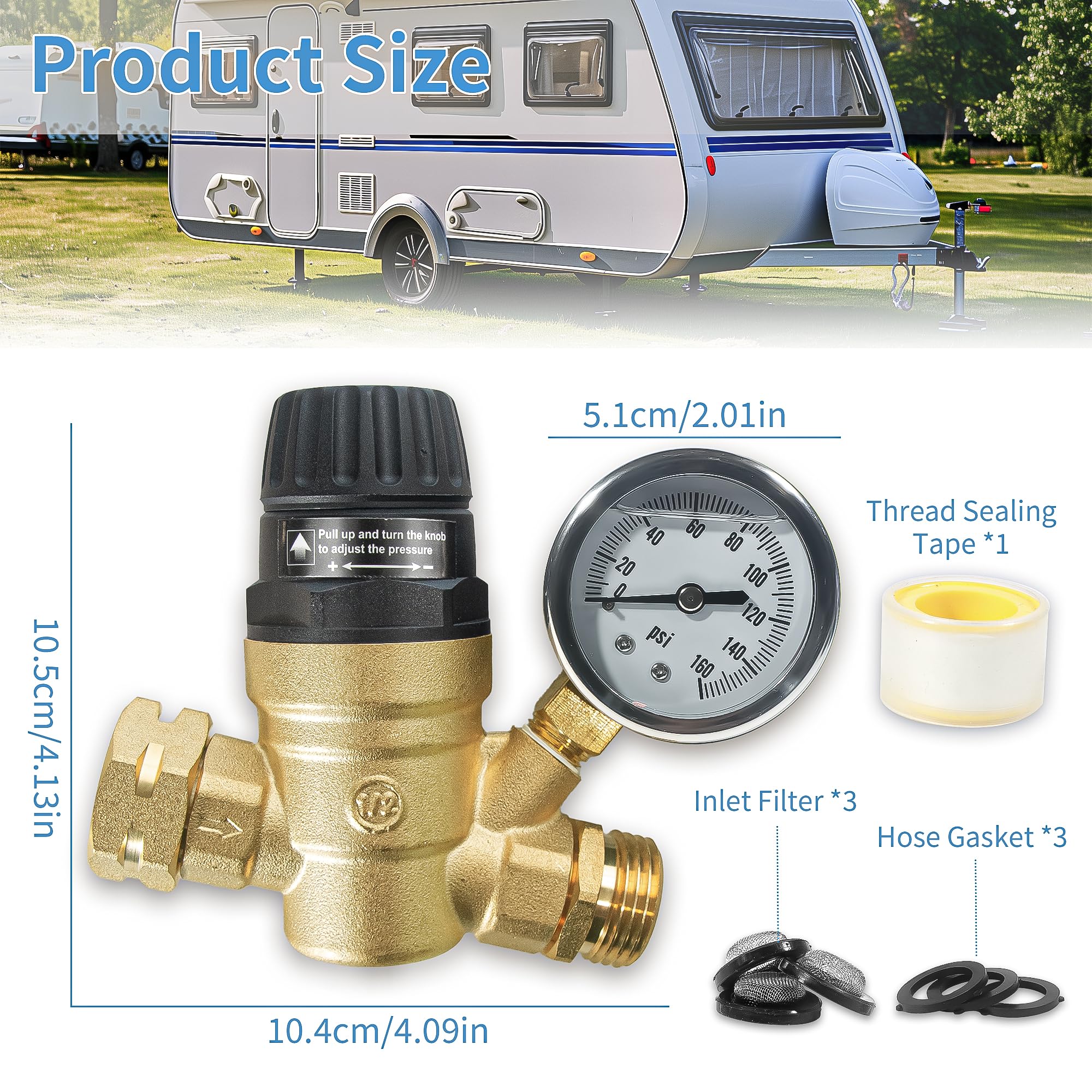 vidonio RV Water Pressure Regulator with Adjustable Handle, Lead-Free Brass Water Pressure Regulator for RV Camper with Pressure