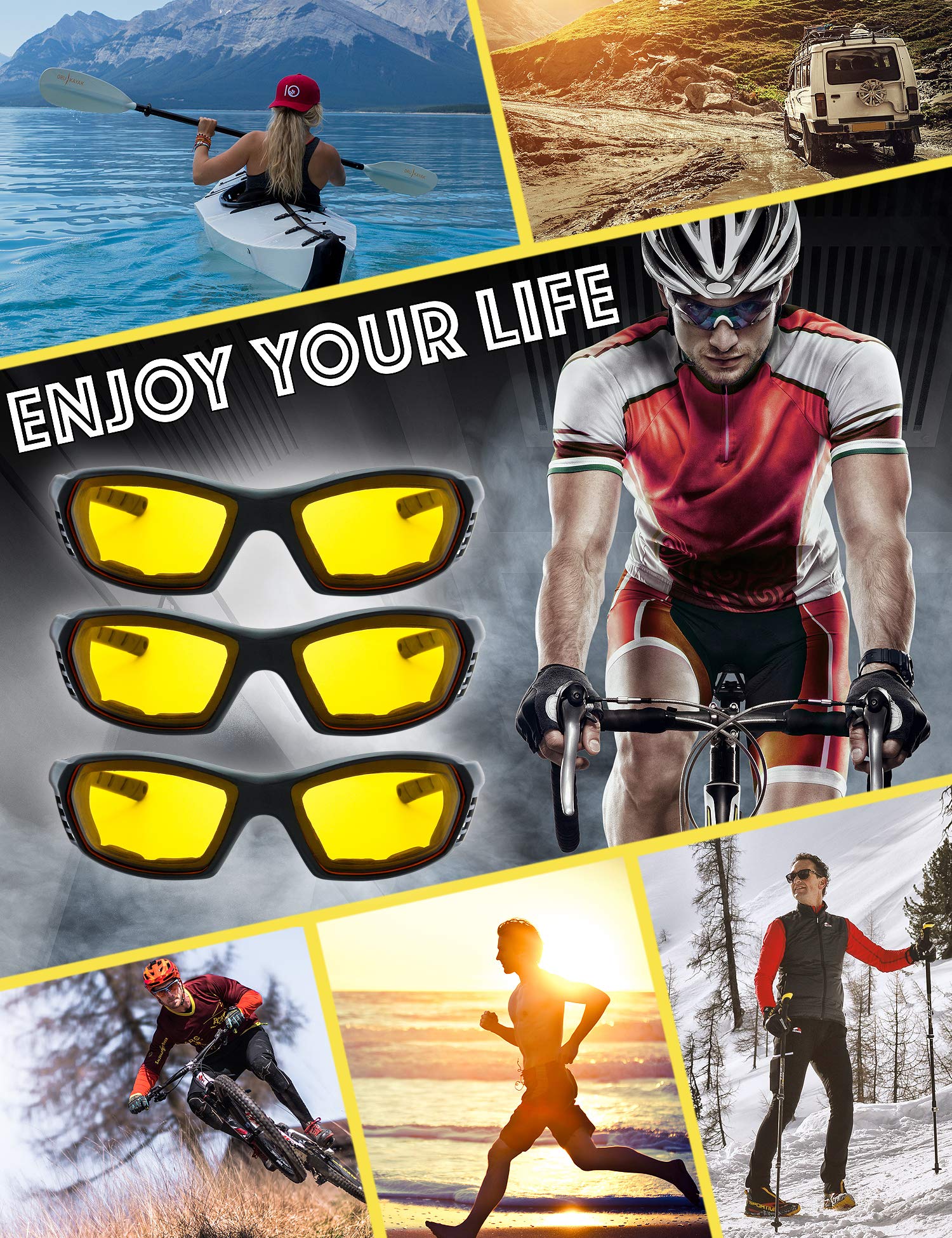 The Fresh Motorcycle Riding Glasses Padded Frame Lens Block 100% Uvb For Outdoor Activity Sport (27-Black, 3 Pairs Of Yellow)